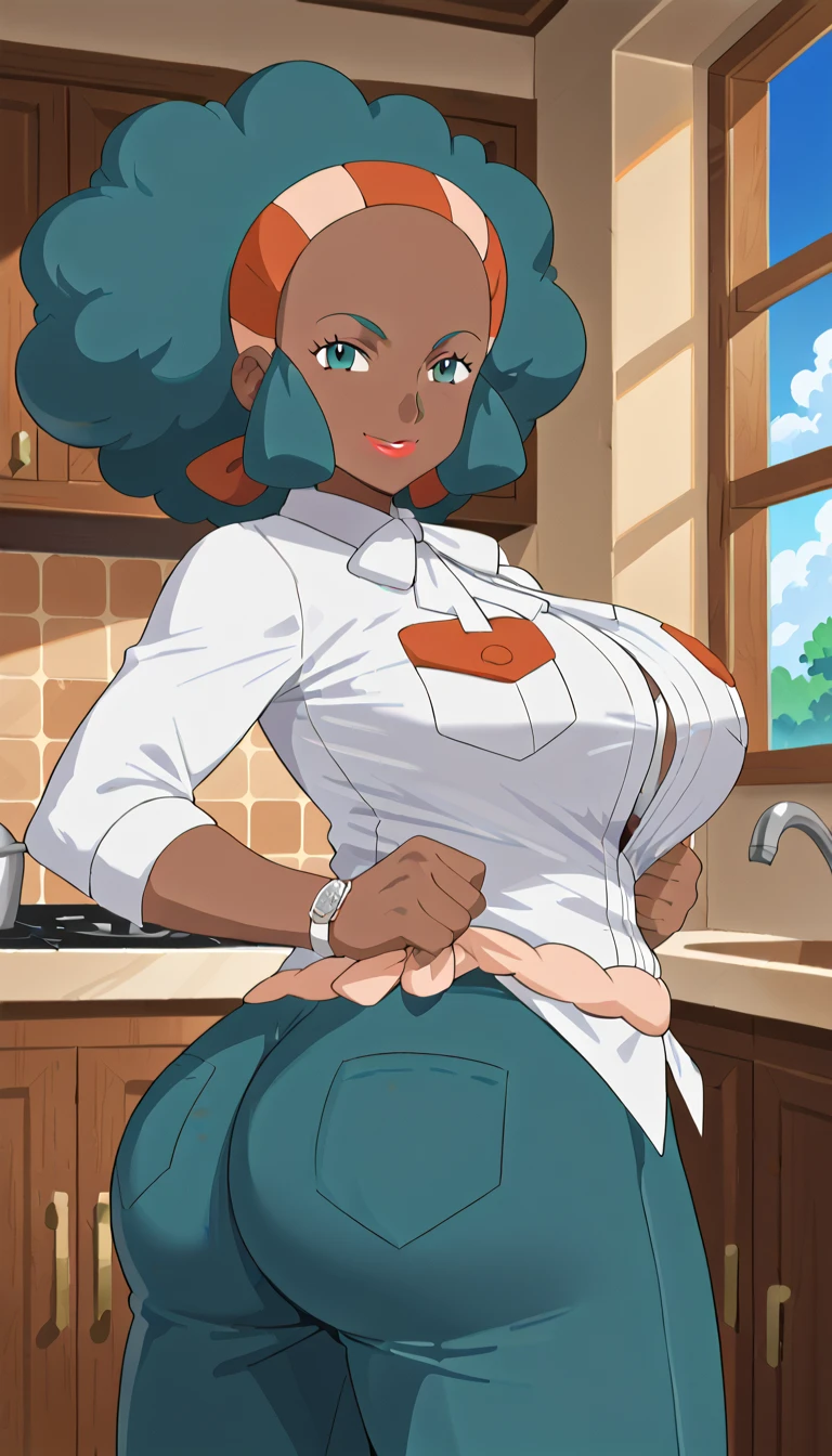 1 female, cat girl, oversized t-shirt, no bottoms, hourglass figure, white eyes, french braid, blue hair, annoyed, cat ears, rococo style, Ghibli-like colours, best quality