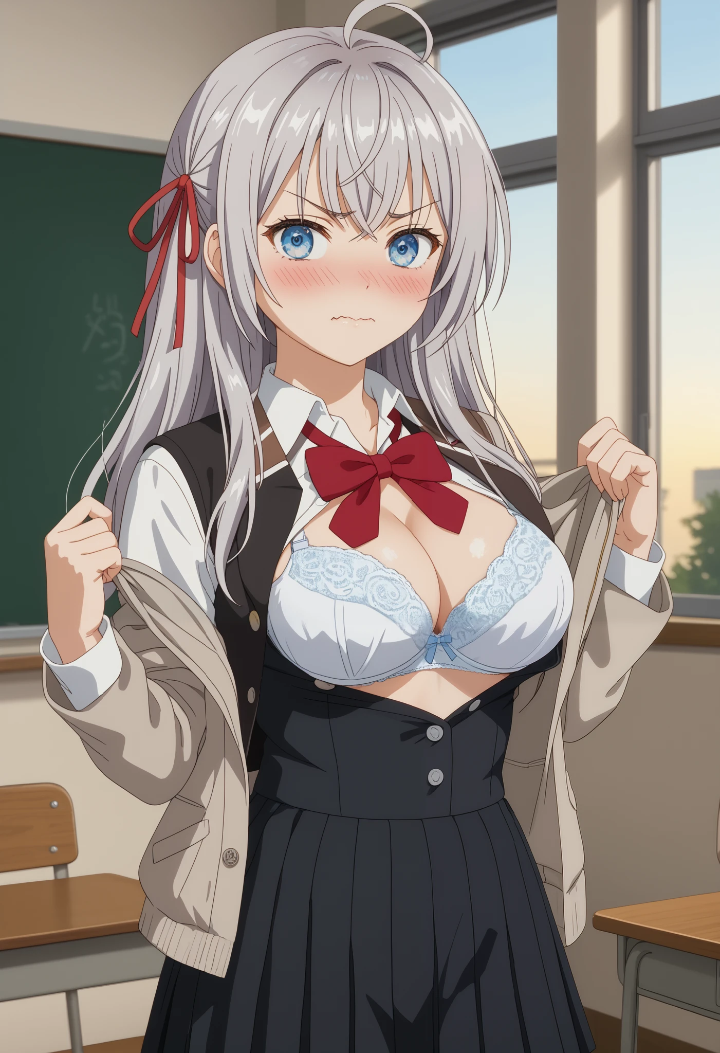 score_9, score_8_up, score_7_up, anime screencap, source_anime, blurred background, detailed closeup, 1girl, BREAK alisamikhailovnakujou, alisamikhailovnakujou,
1girl,
long hair, gray hair, ahoge, crossed bangs, blue eyes, hair ribbon, red ribbon, milky white complexion, pale skin,
AlyaSchool, short jacket, open jacket, brown jacket, red bow tie, white shirt, black vest, buttons, long sleeves, pleated skirt, black skirt, thick thighs, white thighs,
thigh gap, unbuttoned, unbuttoned, navel, undressing, undressing, white bra, white panties, underwear, pulling clothes, pulling own clothes, bra, panties, pulling panties, open jacket, unbuttoned open white shirt, pulling skirt, hands up, undressing, tsundere, blushing, embarrassed, blushing, shy, closed mouth, wavy mouth, blushing, blushing, excited,
indoors, upper body, looking at viewer, standing, looking to side, cowboy shot, classroom, sunset, indoors, (Beautiful and big breasts: 1.2), natural breasts,