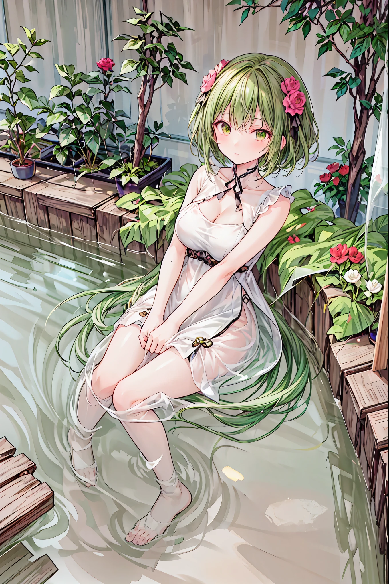 Slime Skin,luminous translucency,female,Round Face,Solitary,Sit down and rest,Relax,elegant,whole body,(((Exposing thighs))),full,Transparent openwork,Deep V,((Short skirt)),stocking,leggings,Disheveled,(((Wet clothing))),(((Ultra-thin clothing))),Grinning,(Monet)