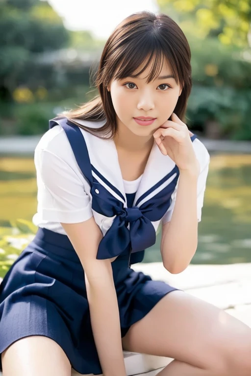 Pure Japanese school girl, outstanding body, beautiful legs, shiny white skin, wearing uniform, natural hairstyles, sweet smile, sitting and relaxing, spread wide legs, refreshing in early summer morning, 