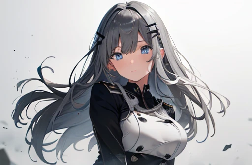 best quality, masterpiece, highres, solo, {suzutsuki_kantaicollection:1.15}, long_hair, one_side_up, grey_hair, headband, hachimaki, hair_between_eyes, breasts, grey_eyes, black_headband, blue_eyes, bodysuit, white_hair, 1girl, black_sailor_collar, clothes_writing, grey_jacket, jacket, looking_at_viewer, sailor_collar, school_uniform, serafuku, upper_body, white_bodysuit, grey_background, simple_background, jacket_on_shoulders