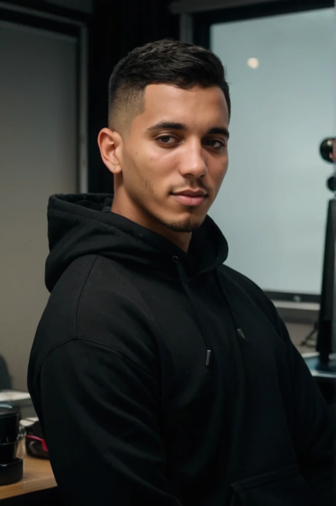 Homem jovem asafe sentado em um sofa de couro em frente a um quadro SBT, pose casual, foto prossional camera ultra hd