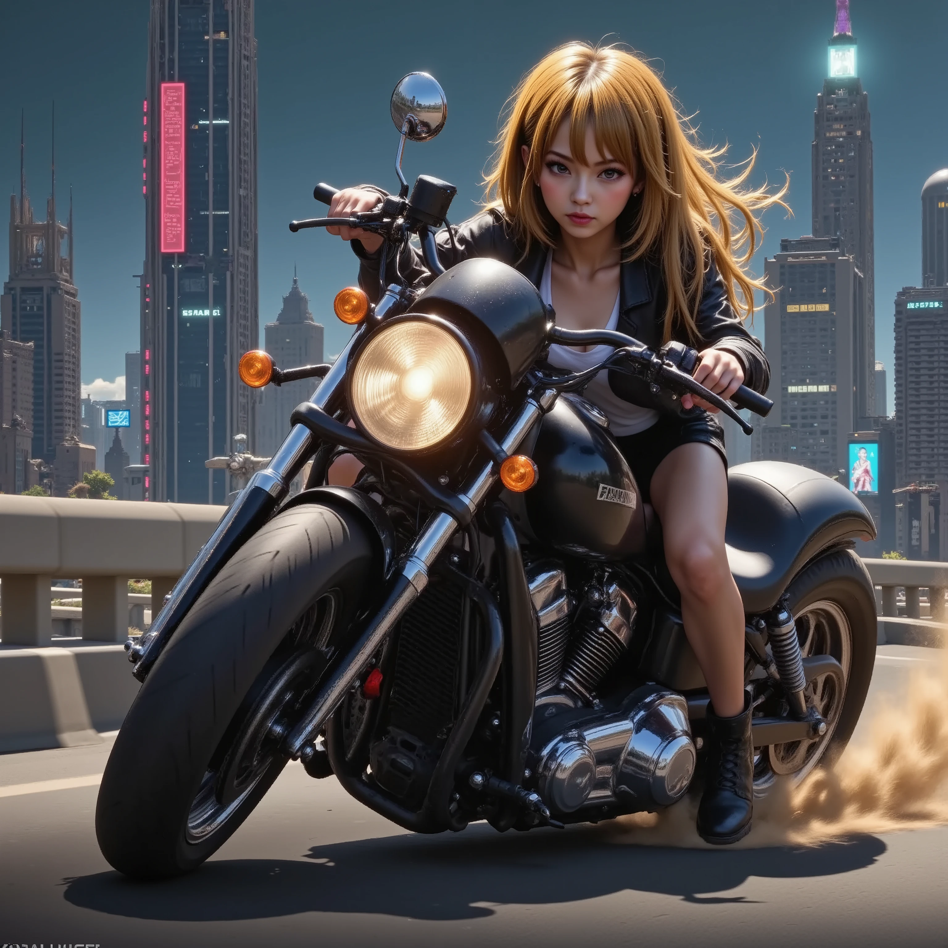 A beautiful girl attacks a corner with a motorbike tuned up by Cafe Racer、 Night Neon City 、 cyberpunk city , movie light effect, high resolution, best quality , Ultra Wide Angle