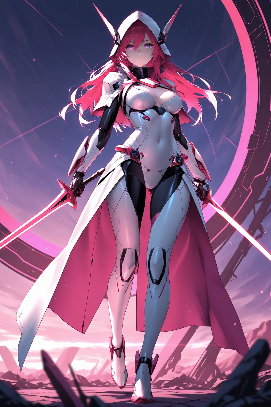 rear view, backside view,1 super cute girl wears a red ruby pink armor, Mechanical wing, Antecedentes de la Guerra Espacial, Rainbow Aura Body, Poder de Supernove, cabello rojo claro, Ojos rojos, cuerpo perfecto, sexy, neon glow, Shooting Beam Cannon, sad mood, muy detallado, Postura de lucha, Mecha Musume, ojos detallados, Cara detallada, Arte del anime, Anime style, anime.