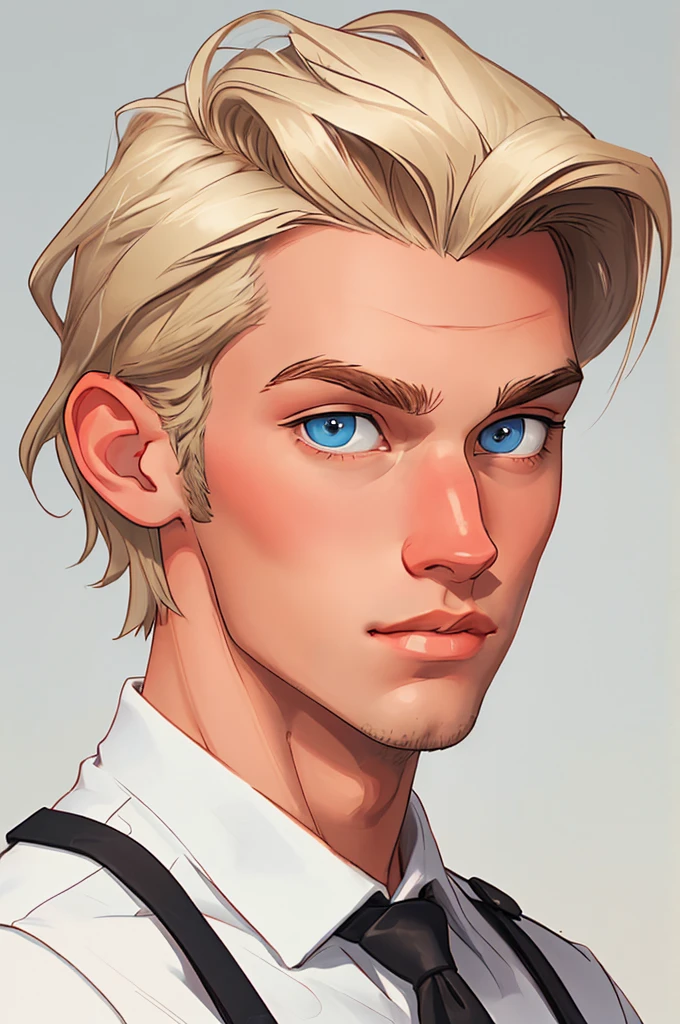 Caucasian male, thin nose, thin lips, blue eyes , blonde hair, Jock needs a uniform , slightly fleshy undertone , young pretty face , Pastel art