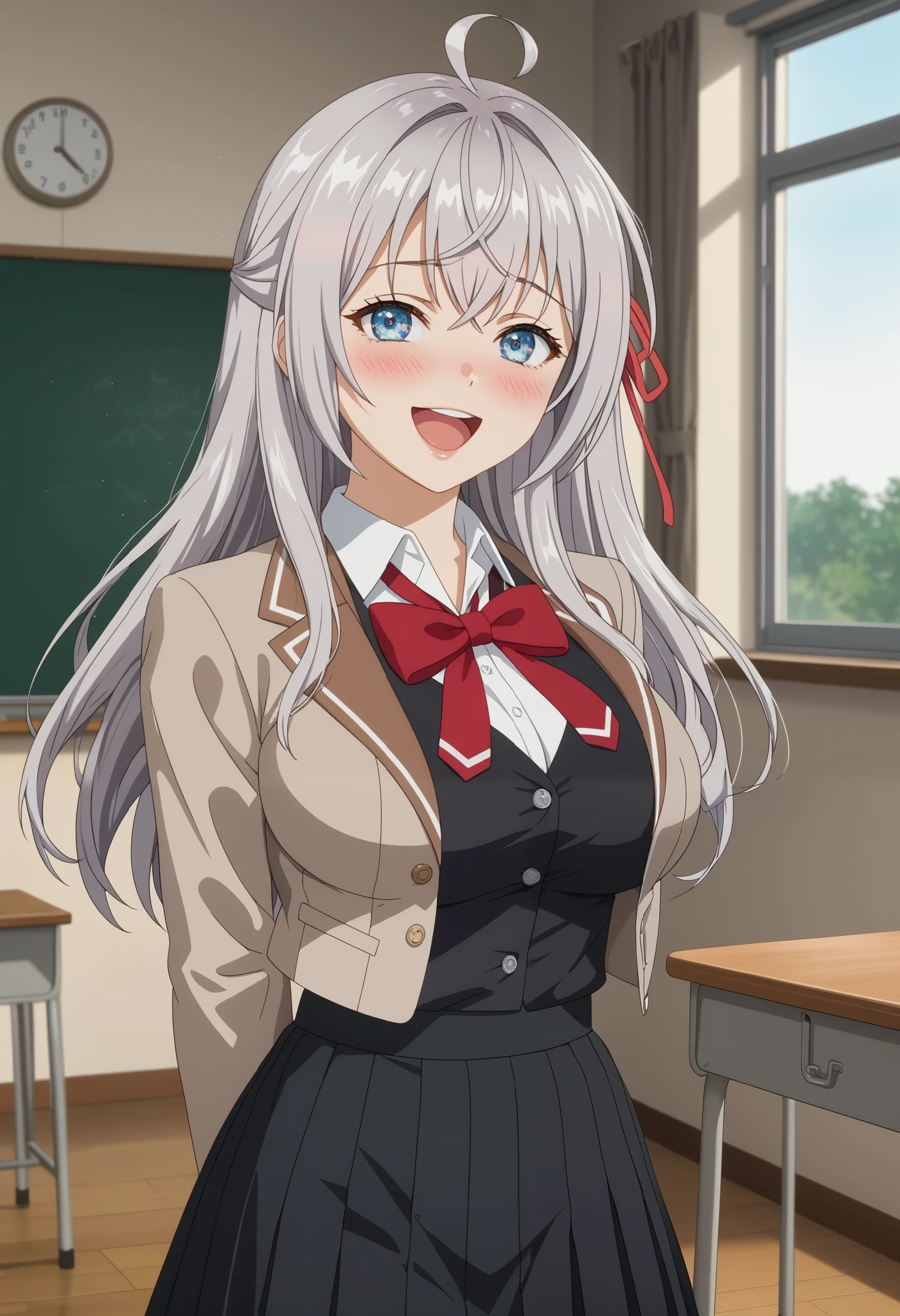 score_9, score_8_up, score_7_up, anime screencap, source_anime, blurred background, detailed closeup, 1girl, BREAK alisamikhailovnakujou, alisamikhailovnakujou,
1girl,
long hair, gray hair, ahoge, crossed bangs, blue eyes, hair ribbon, red ribbon, milky white complexion, pale skin,
AlyaSchool, short jacket, open jacket, brown jacket, red bow tie, white shirt, black vest, buttons, long sleeves, pleated skirt, black skirt, thick thighs, white thighs,
thigh gap, blushing, open mouth, laugh, seductive smile, shy, blushing, blushing, excited, agitated, 
indoors, upper body, arms behind the back, seductive smile, silence, sideways, looking at viewer, standing, cowboy shot, classroom, sunset, indoors, (Beautiful and big breasts: 1.2), breasts natural,