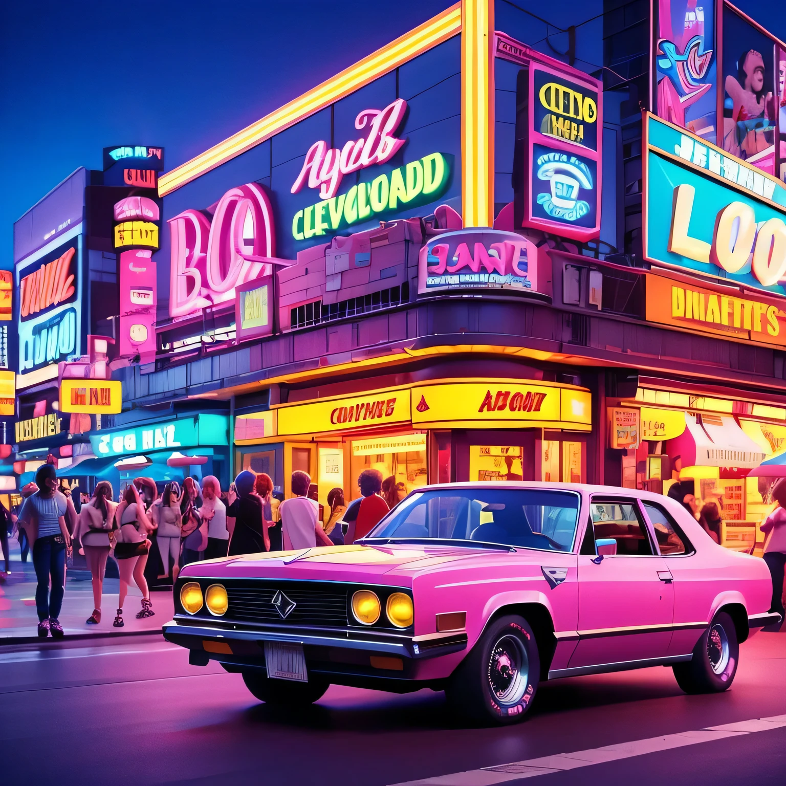 A bold and nostalgic 1980s street scene at night, filled with vibrant neon lights and iconic cultural elements of the era. The backdrop features a synthwave sunset fading into a digital grid stretching into the horizon. Retro buildings are adorned with glowing signs for arcades, cassette shops, and vintage diners. The streets are bustling with people dressed in classic 80s fashion: leather jackets, bold shoulder pads, acid-wash jeans, scrunchies, and tracksuits with vibrant stripes. Groups of friends gather around a boombox blasting 80s hits, while others dance or skate on bright neon skateboards. Sleek vintage cars with colorful decals and chrome details are parked along the curb. The colors are electrifying—fluorescent pink, electric blue, deep purple, and bright yellow dominate the scene. The mood is energetic, fun, and unapologetically 80s, celebrating the music, fashion, and culture of the decade