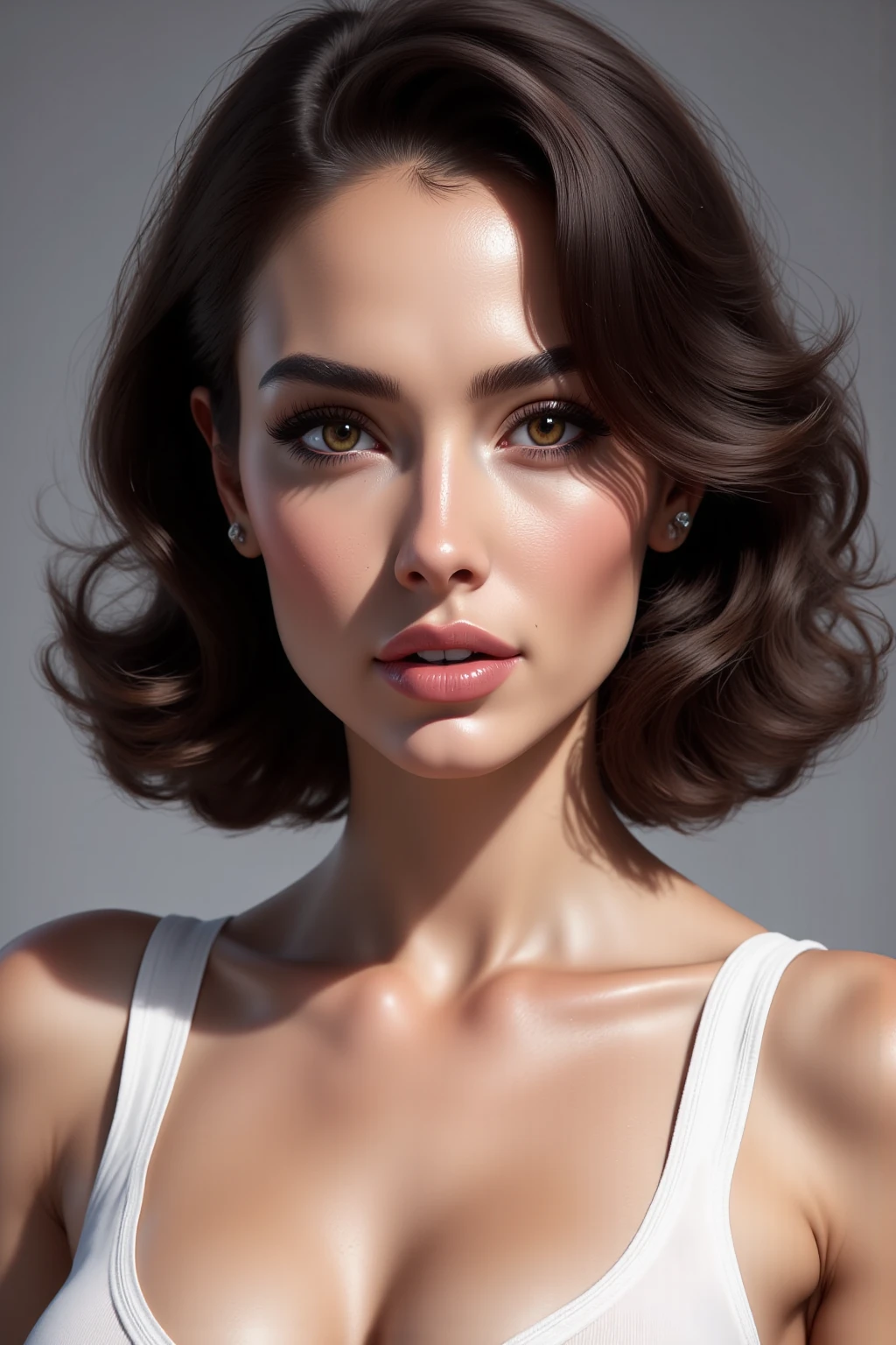 ((facial portraits, upper-body, close-up)),(best quality,4k,8k,highres,masterpiece:1.2),ultra-detailed,(realistic,photorealistic,photo-realistic:1.37),(1girl),(18years old),(((irene1:1.2))),(((Excella_er5:1.2))),(sharp focus:1.5),pearl skin,(skin pores:1.1),extremely detailed face and skin texture,(skin texture:1.1),black hair,tall and slender body,(192cm tall),thin and delicate figure,graceful posture,strong and defined muscles,flawless skin,defined abs,perfect curves,feminine appearance,embodying elegance and beauty,cleavage breasts,((wearing a (lavender) shirt dress)),vibrant color,extremely detailed and realistic clothes,(colorful),(film grain:1.3), colorful lighting,expressive faces,vivid eyes,dynamic poses,dramatic chiaroscuro,professional studio settings,creative composition,glowing highlights,subtle shadows,emotional expressions,authentic emotions,insta-worthy,high-fashion styles,lively backgrounds,individual character traits,unique personalities,powerful gazes,precise facial features,life-like hair textures,surreal elements,dreamy atmosphere,masterful brushstrokes,instantly captivating,mesmerizing gaze,natural beauty,realistic lighting effects,capturing the essence of the subject,unforgettable expressions.