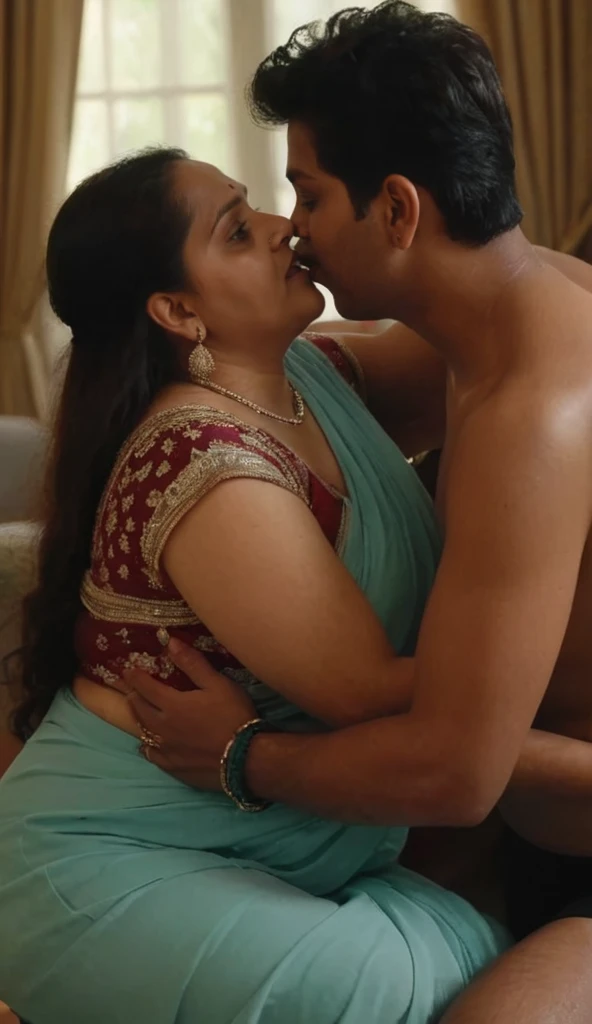 a 20-year-old shirtless man affectionately hugging and kissing aradiant, full-figured South Indian plus-sized 30 year old teacher wearing a cream silky saree in dressing room, captured in a full-body image with vibrant hues and meticulous details. Full body image