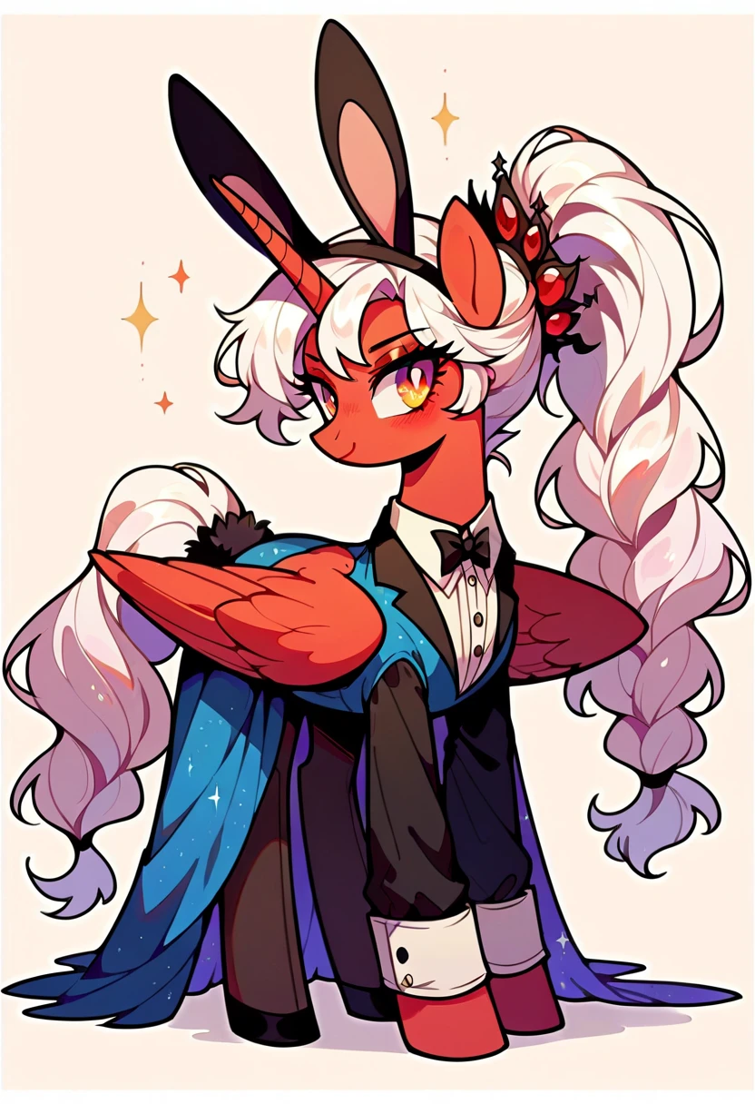 painting《My Little Pony》The villain queen in ,The appearance of evil,Alicorn,Red fur,pale white hair, bunny ears headband with a rabbit tail ,Golden vertical pupil, wear a gorgeous dress,Wear a black crown ,Full body picture,Very simple background 。