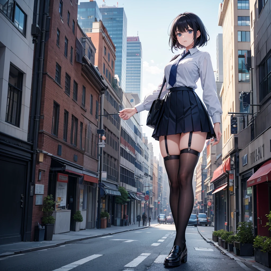 Beautuful Women、A dark-haired、Bery short hair、Torn business suit in places、Torn pantyhose in places、Clothes are dirty overall、Strong gaze、One hand is placed on a collapsed house.、Angry expression、detailed costume、A detailed face、Staring into the distance、wasteland、morning glow、small tits、beauty legs