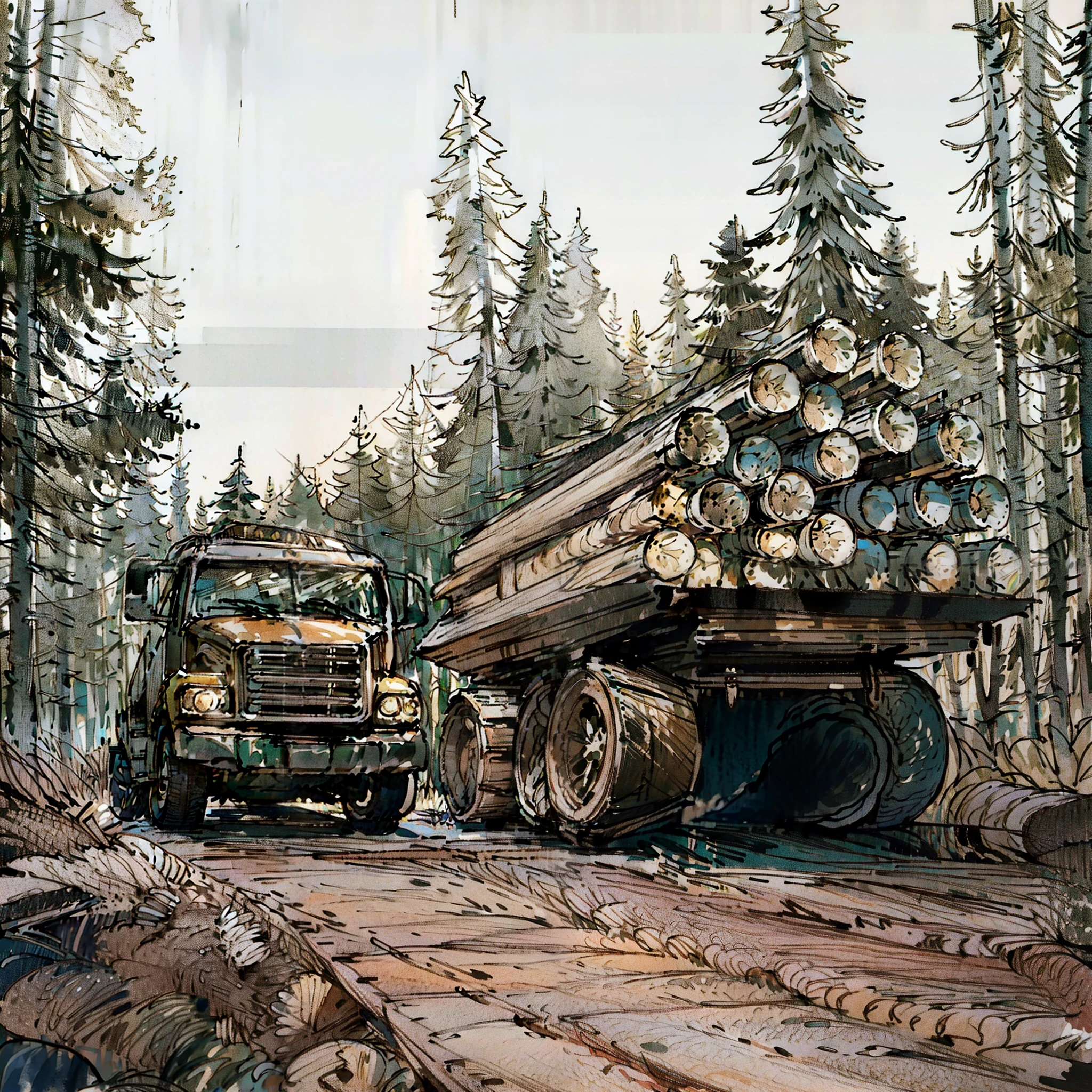 there are two Trucks that are hauling logs down the road, forestry, logging, Stock Photo, DENSE FOREST outside, DENSE FOREST, Lumberjack,  large trees,  wood trunks , , Clean forest, forest clearing , stock image, Truck, shutter, Photo number, cut,  The photo shows a large ,  portrait of a large , forest clearing  landscape, Boreal Forest