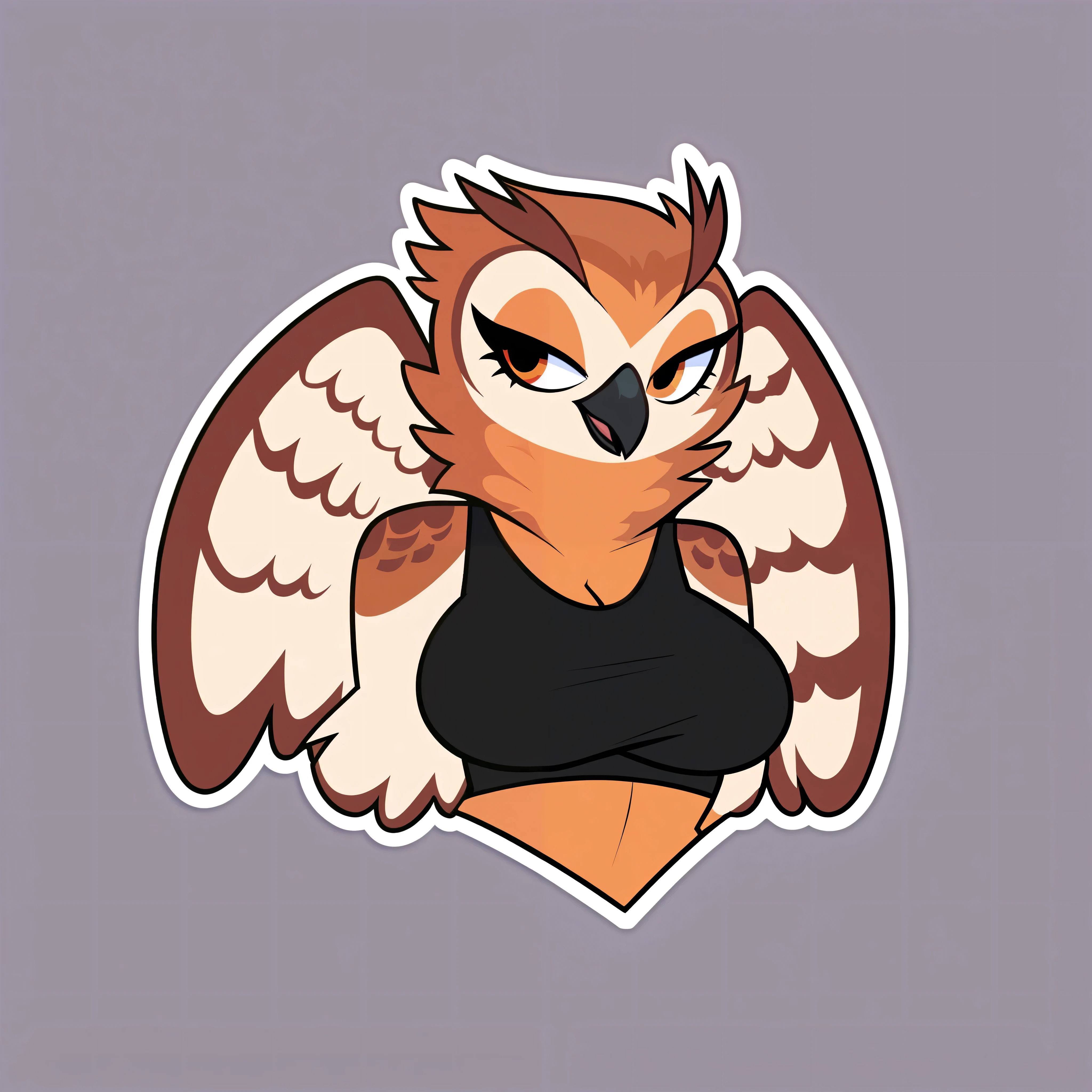   score_9,   score_8,   score_7,   Cowboy Shot  , Alone ,  beautiful, 2d, vector art,   cartoon  , (    white outline  ),   upper body,   dynamic posture  ,  telegramstickerxl  ,   Simple background  ,  a girl,   nude, anthropomorphic, hips, owl,  bird feathers   , beak  ,  , brown body y negro, brown body,   with no straight line  , sexy,   Big breasts, hips anchas, short black emo hair ,   full body,   black sweatshirt  