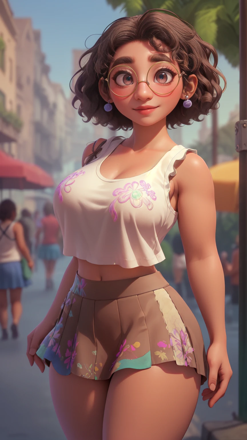 a detailed portrait of mirabel madrigal, ((brown skin)), incredibly detailed skin, perfect legs, perfect thighs, ((curvy body)), big breasts, inviting sexy pose, big ass, seios grandes, bunda grande, mostrando a bunda, realistic, photorealistic, 8k, high quality, intricate details, vibrant colors, cinematic lighting, masterpiece