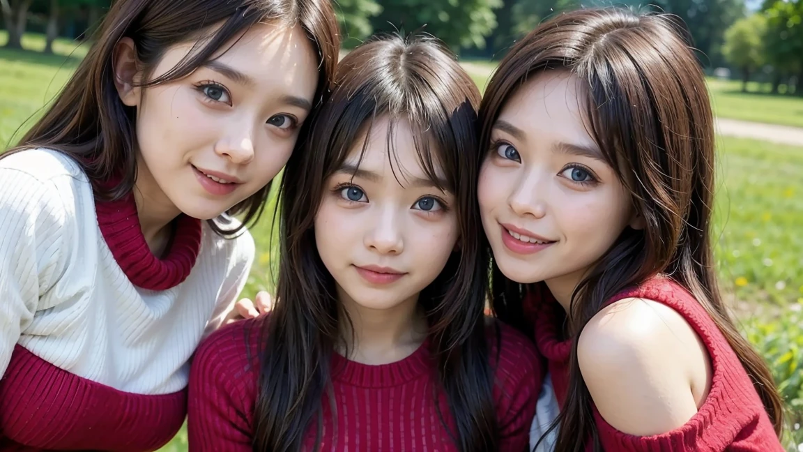 (3 girls), Young faceอินโดนีเซีย, 12 years,smile, white skin, Round breast, blue eyes,((Wear a red sweater that shows off your chest.))Masterpiece, Highest quality, 8K, beautiful girl, Young face、 photography, Cute face, thigh,In the meadow, Embarrassing、รอยsmile、((((((อายุ 12 years))))))、small waist、 ((Busty breasts))