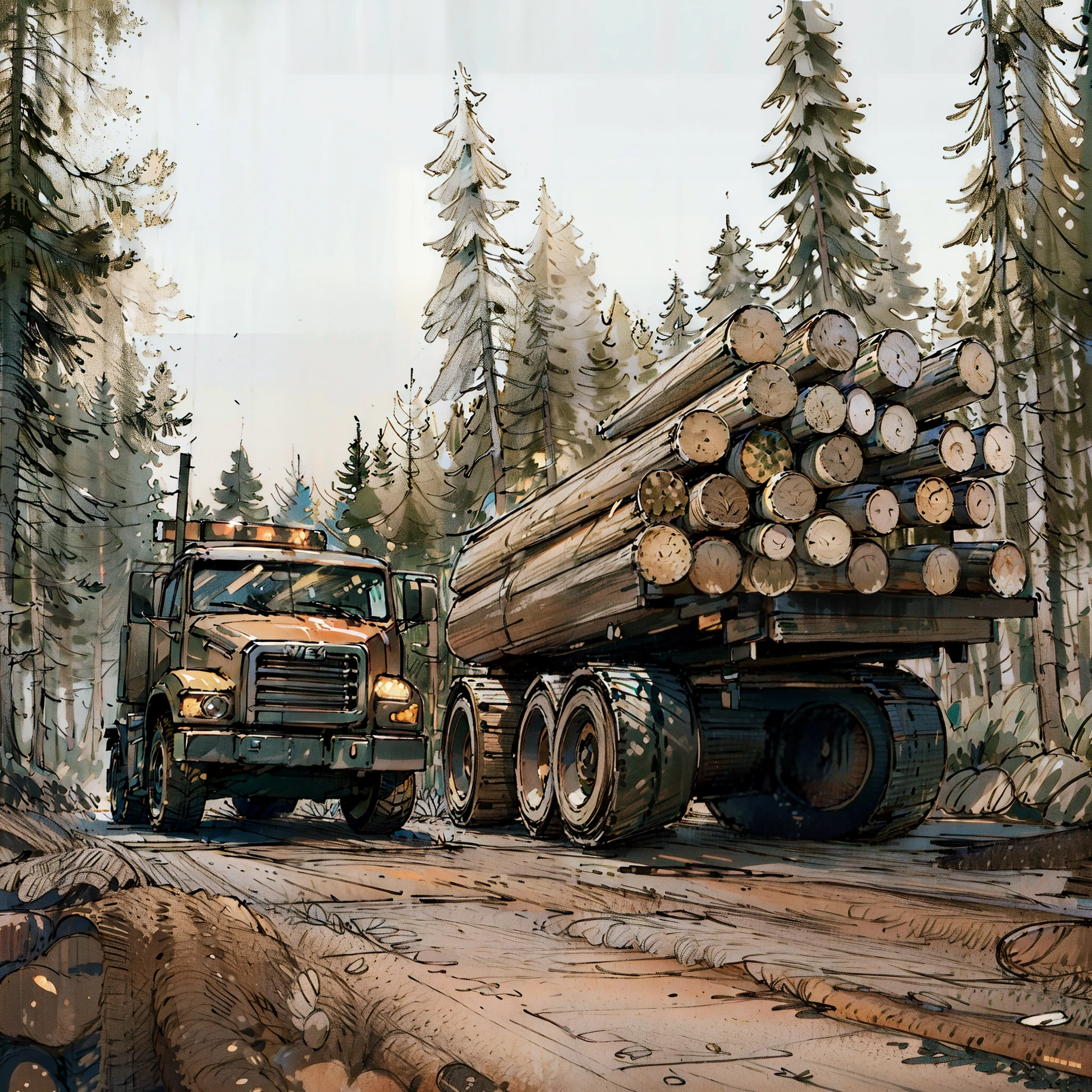 there are two Trucks that are hauling logs down the road, forestry, logging, Stock Photo, DENSE FOREST outside, DENSE FOREST, Lumberjack,  large trees,  wood trunks , , Clean forest, forest clearing , stock image, Truck, shutter, Photo number, cut,  The photo shows a large ,  portrait of a large , forest clearing  landscape, Boreal Forest