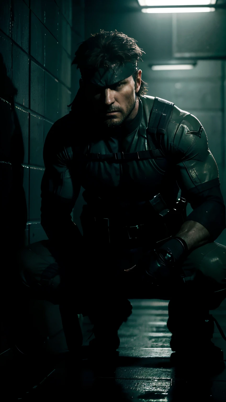 cinematic portrait of solid snake, from MGS, hiding in the shadows of a military facility, soldiers seeking for him, his waiting heavy armed, full, best quality