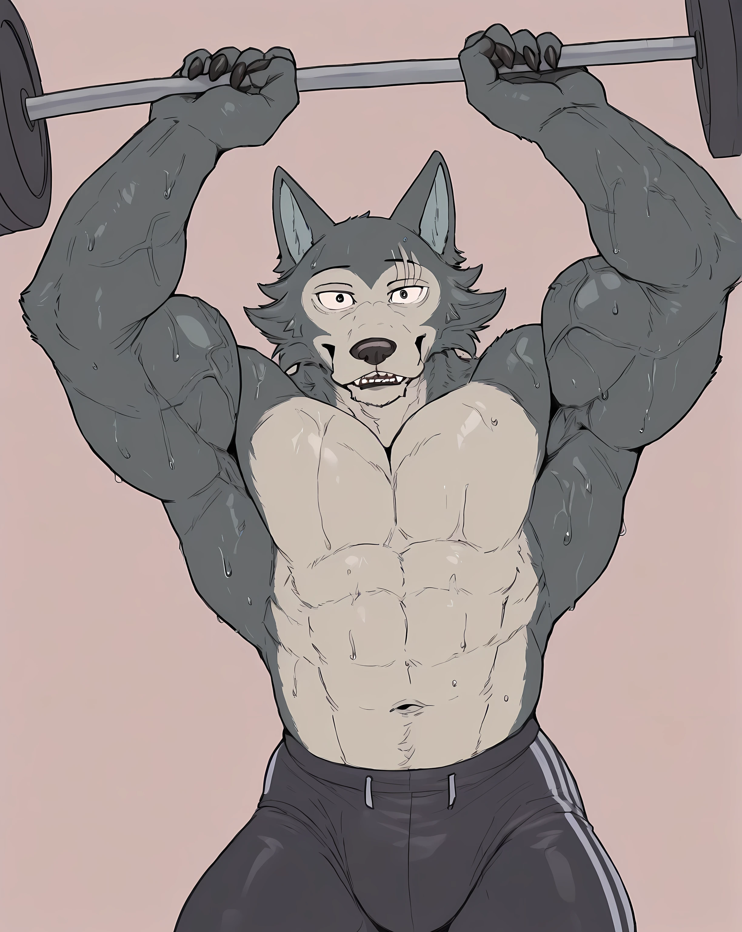 l3gosh1, beastars, male, solo, wolf, muscular, athletic, masculine, looking at viewer, half body, (small eyes), flat color, workout_pants, happy, lifting weights, gym background, sweaty body, veiny arms, bulging muscles