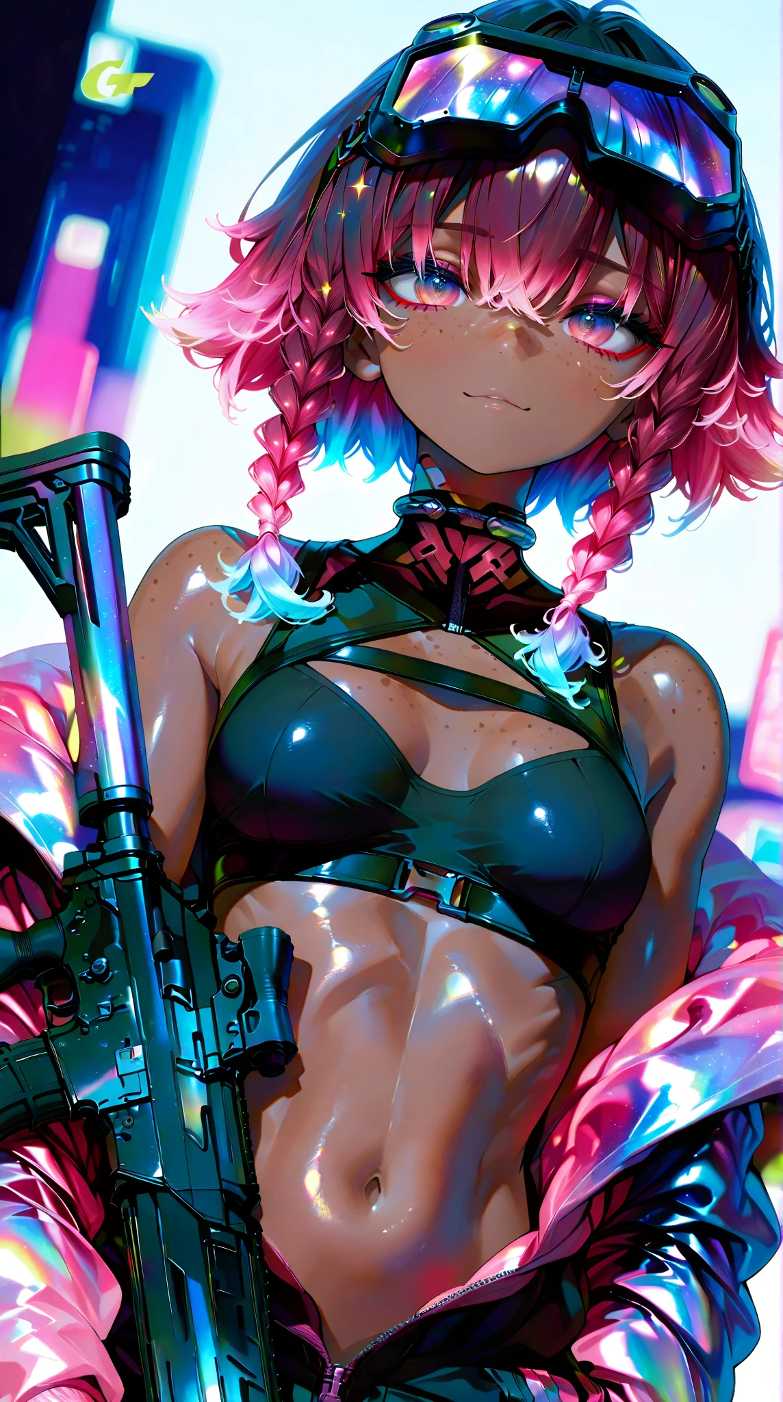 cyber punk, One girl, thin, Dressed as a cardiovascular technician, (Eyestrain Hair,  Spiral Curl Hair:1.36), Faint lips, Various postures, Severe,, (freckles:0.5), (Kuroko:0.3), (Skin spots, Acne, Skin blemishes, Stains, Fluff:0.3),  From below , In (Star of the Arc de Triomphe:1.4), , Trending on Art Station,, spring,, evening,,  Natural Hand 2-3500  最高品質, Beautiful and delicate lips, Delicate fingers, Detailed pupil, figure, Natural Hand 2-3500