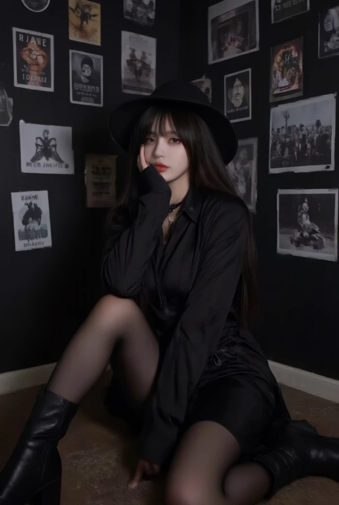 Araffe woman in a black coat and black boots sitting on a sofa., ella tiene el pelo negro con flequillo, cruel korean gothic girl, 1 7 year old anime gothic girl, vistiendo un traje noble negro, sui ishida con cabello negro, pelo largo y negro con flequillo, con pelo largo y negro, pelo cortado hime negro, wearing modern gothic clothing