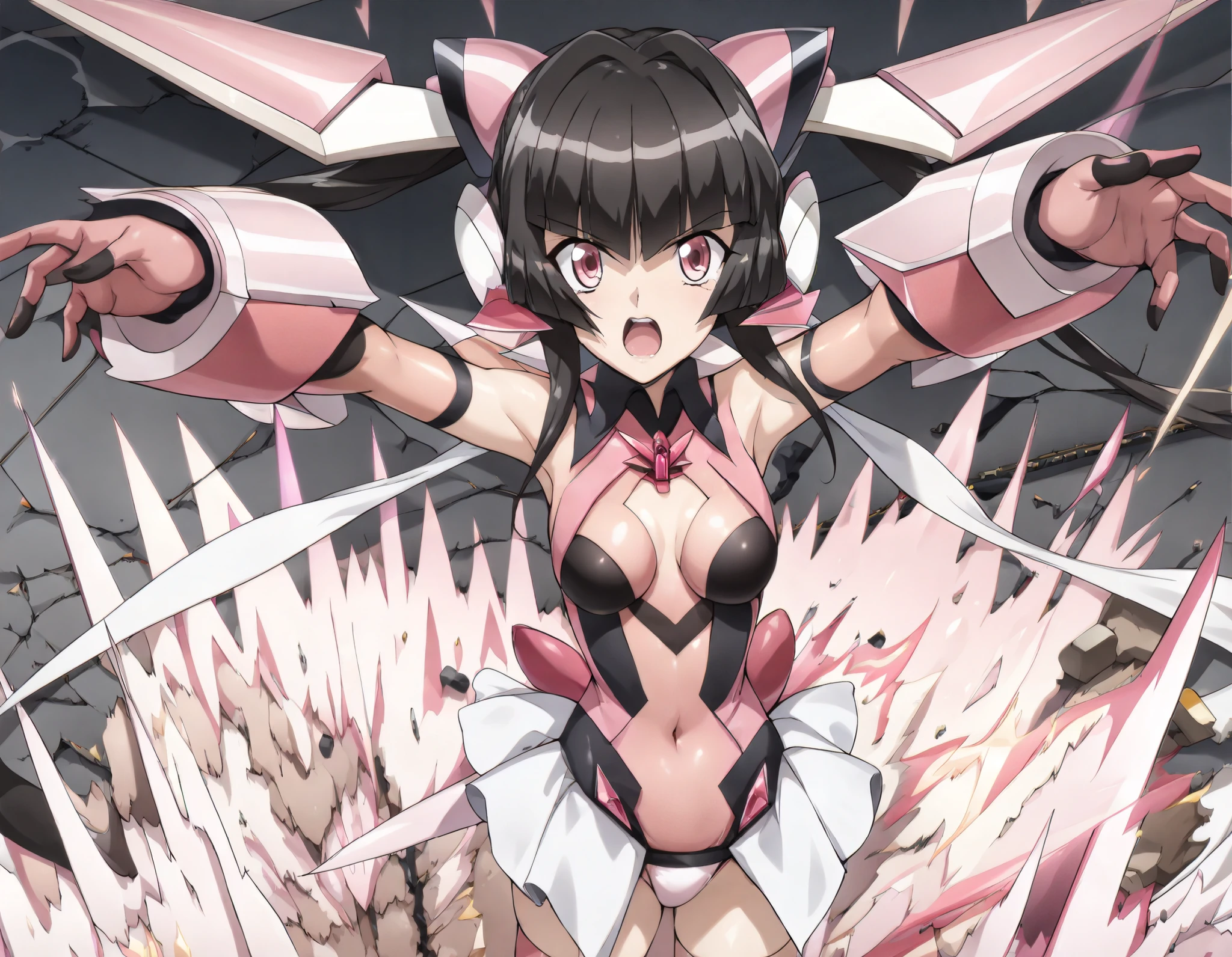 score 9,score 8 up,score 7 up,score 6 up, score 5 up,score 4 up,((expensivequality illustration)), ((masterpiece)), ((Very delicate and beautiful)),((precision illustration)),((detailed illustration)),((anime artstyle)), highres, 8k, detailed, perfect face, best quality, (ultra high quality), perfect eyes, beautiful eyes, BREAK 1girl,solo, symphogearstyle, BREAK gold Symphogear, pink leotard, cleavage, covered navel, pink armor, pink clothes, pink gloves, pink thighhighs, pink elbow gloves, pink clothes, BRAKE tsukuyomi shirabe, open mouth, arms up, hands up, pink aura, arms crossed, destroyed ground