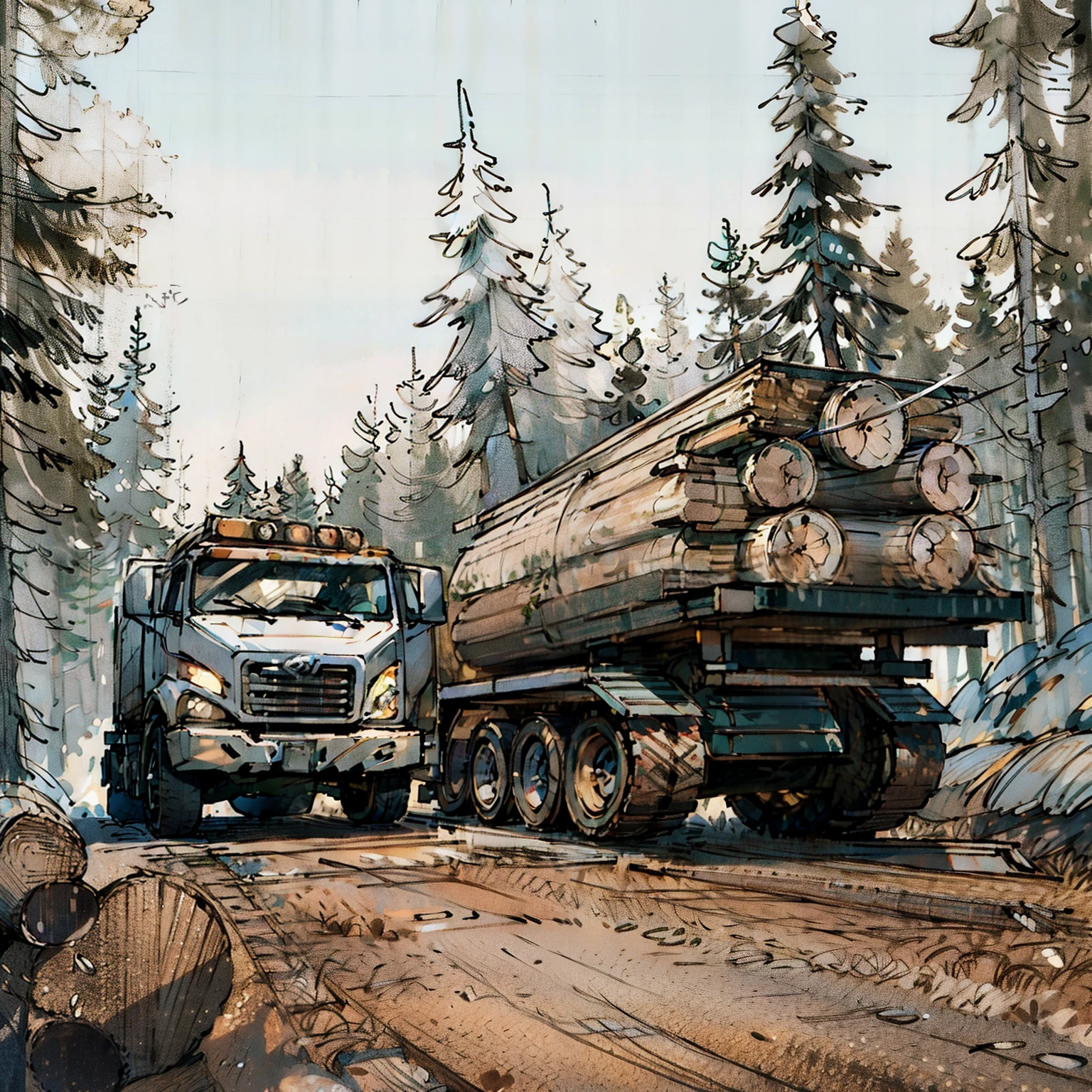 there are two trucks that are hauling logs down the road, forestry, deforestation, stock photo, heavy forest outside, heavy forest, lumberjack, big trees, wooden logs, istock, cleared forest, forest clearing, stock image, truck, shutterstock, photo shot, cut, the photo shows a large, portrait of a big, forest clearing landscape, boreal forest