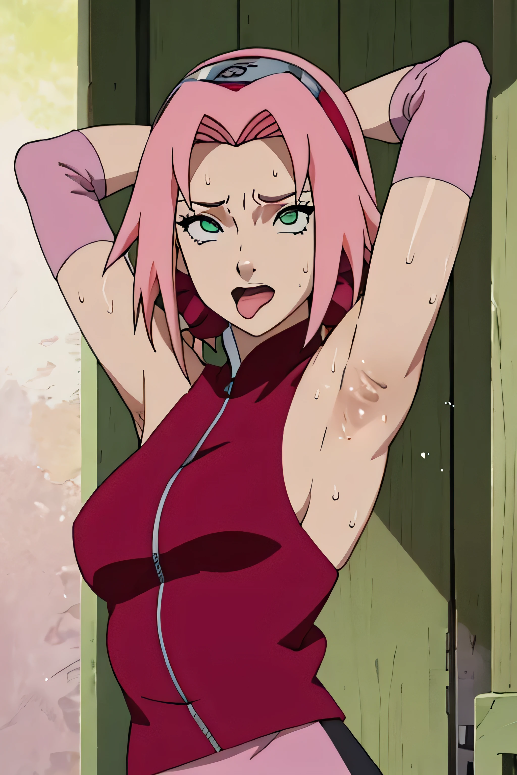 Sakura Haruno,human woman with fair skin.with green eyes and red clothing. Her hair is long and pink in color; She is beautiful. Fair skin.Tsundere face. Pink eye shading,mature appearance,armpits,sweat,sweaty,sweaty armpits,arms up,showing armpits,awesome armpits,outfit,blackish red arm warmers,maroon arm bands,maroon arm warmers,tongue