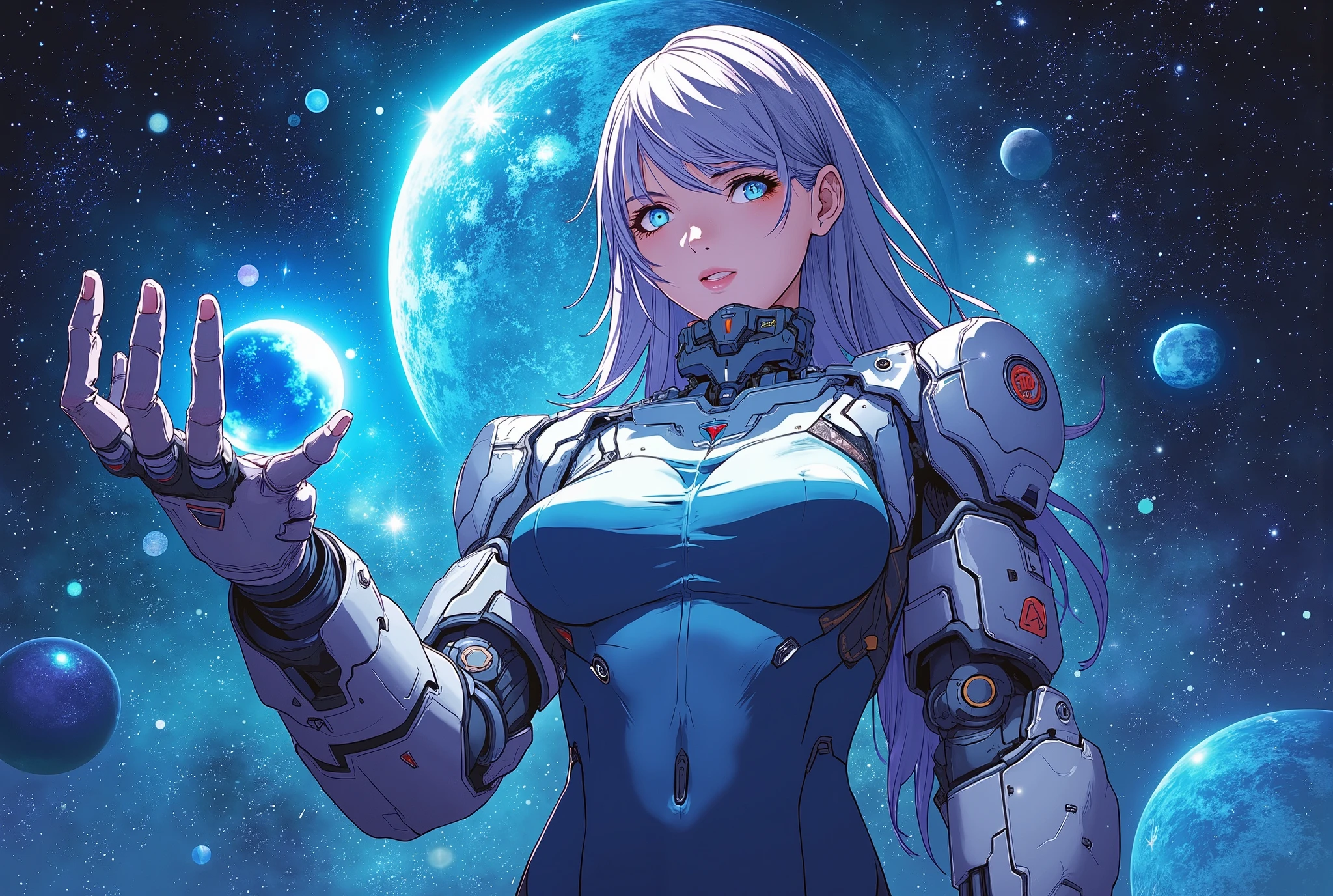 (Masterpiece:1.2, exceptional quality ,Mirror-like,Cinematic experience , best illustrations:2.0), super high definition, very detailed,8k, wallpaper,( Super Sexyなメイク:0.5),(Super muscular:2.0),( female 1 person:2.0),(Space Bounty Hunter:2.0),( big breasts:2.0), ( elegant body:2.0),( beautiful eyes,Please remove the , detailed face,Beautiful skin texture:1.3, beautiful hair:1.3),( Beautiful Female Hands :2.0),( detailed hands :2.0),( robot prosthetic hand with 2 heavy right arms .0),(Navy blue tights:2.0),( background is an abstract galaxy containing planets :2.0),( Super Sexy:2.0),( very thick thighs:2.0),(Super functional:2.0),( cyberpunk:2.0),(SF:2.0),( Visual Effects :2.0),( Close Up of Hands :2.0),(dynamic:2.0),(Serious:2.0),( holographic ball with a spherical holographic ball facing the camera in the palm of your hand:2.0),( close-up of a holographic ball :2.0),(Holographic ball "4000K"Text display of:2.0),(The highlight of SF anime:2.0),(Front :2.0),(dynamic:2.0),(Spectacular space opera images:2.0),(At the top of the screen"Thank you for over 4000 followers!" text drawing)