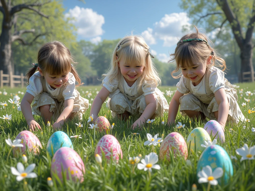 Illustrate a vibrant Easter egg hunt in a sun-drenched garden, with children searching for hidden eggs among blooming flowers.