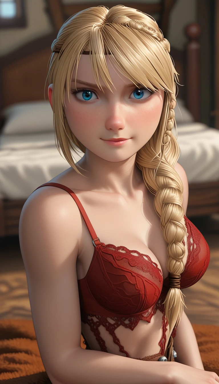 Anna of Arendelle, ((masterpiece)), (Highest quality), (4K),(Droopy eyes:1.2), ((Big eyes)),High Ponytail,Royal Room,((Troubled face)), (((slim))),Close-up shots capture the intricate details of her panties and bra,sexy, 18-year-old,Long silver hair, ((Green Eyes)), ((Prone)), (Small breasts),(((In underwear))),((View from below))((socks))