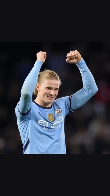 Create an image of a tall, athletic footballer with long blonde hair tied back, wearing a light blue football jersey with a golden badge on the chest. The jersey features a logo similar to 'Etihad Airways,' and the player is standing in a stadium under bright lights, raising both arms in celebration. The expression on the player’s face is confident and joyful, with a cheering crowd blurred in the background to emphasize the stadium atmosphere.