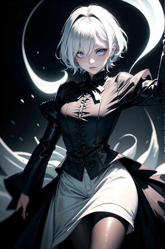 (best quality, masterpiece, highres),1girl,solo,ribbon,short shaggy perm hair,stockings,puffy_detached_sleeves,looking at viewer,dynamic_angle,
<lora:Bx_cool white_v1.08:1>,