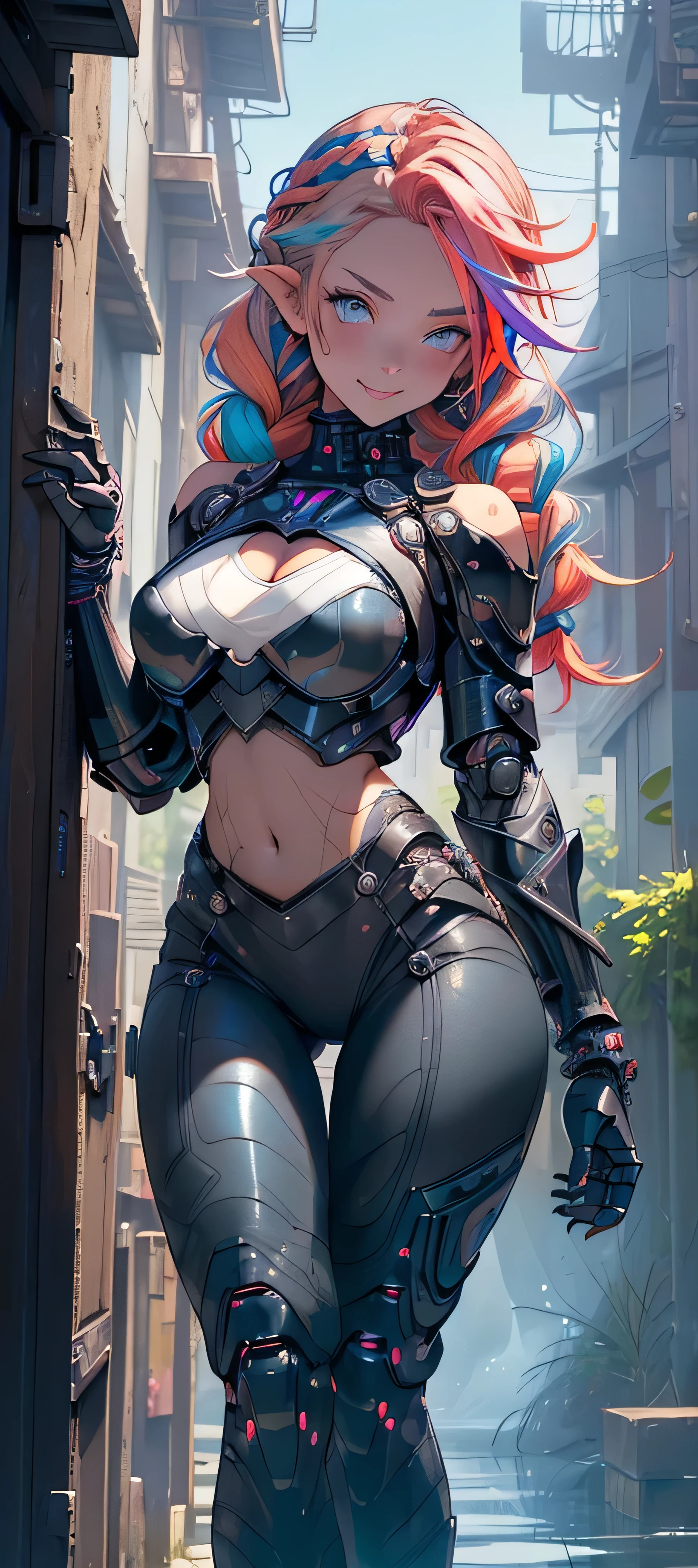 A fantz monster design, Cute police robot [style-rustmagic]，Policewoman robot ，Half-human, tmasterpiece，（tmasterpiece，top-quality，best qualityer），cabellos largos dorados，独奏，（Police 1.6），wear police cap，Police badge，Pink glasses frames，，，grinning smile，a black choker，collars，Laser cloth，Sexy bikini，glitter drawing，Correct anatomy，Detailed face, Detailed eyes，Chest exposed，Background with：futuristic cities，exteriors，very heavy rain，guns，Ride a motorcycle（Police motorcycles），Drive a car（police cars），