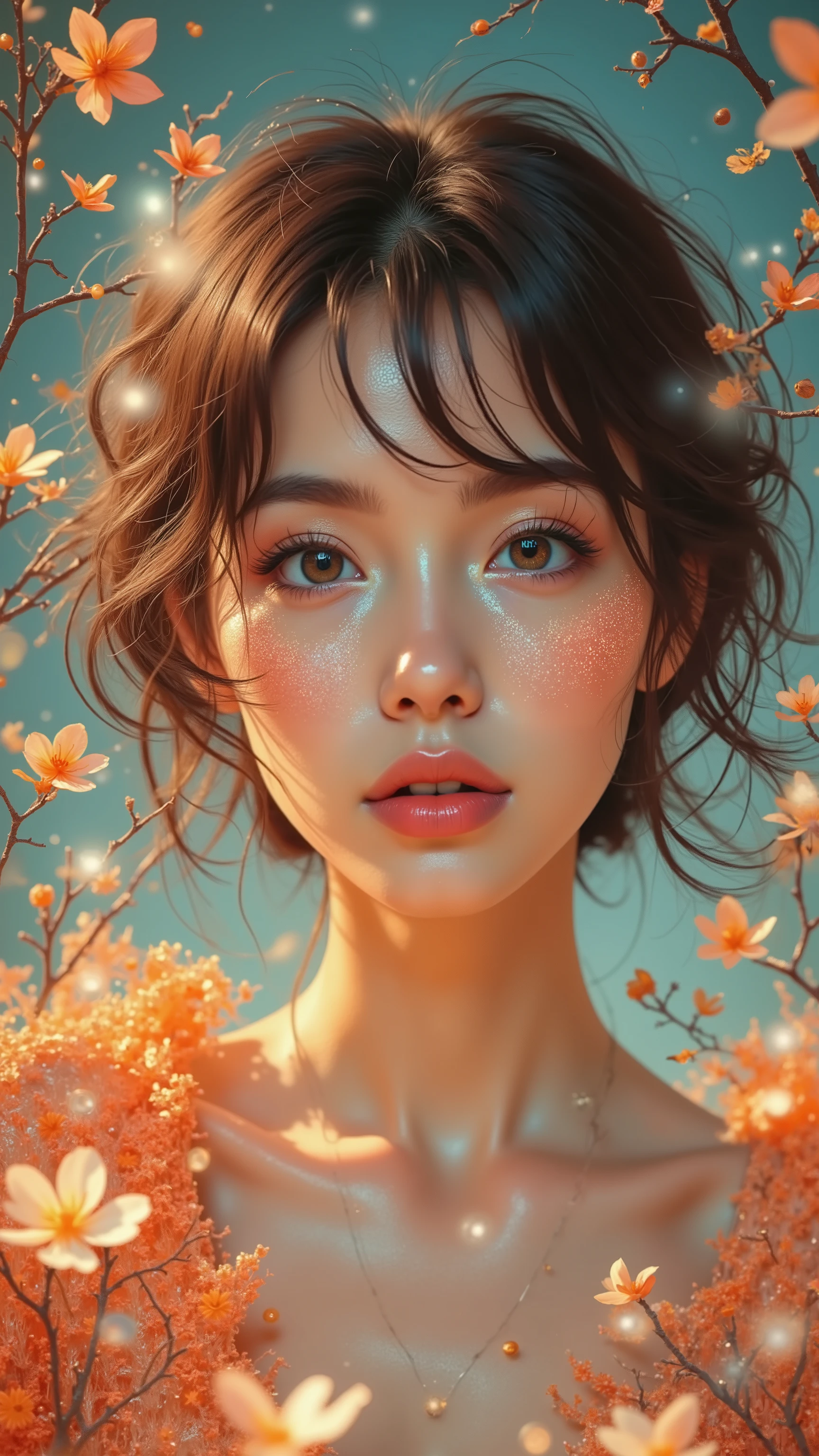 masterpiece, highest quality, Korean middle-aged woman ((Short hair, dark slightly twisted hair, pink lips, simple orange knit sweater with slightly exposed shoulders)), Surrealism