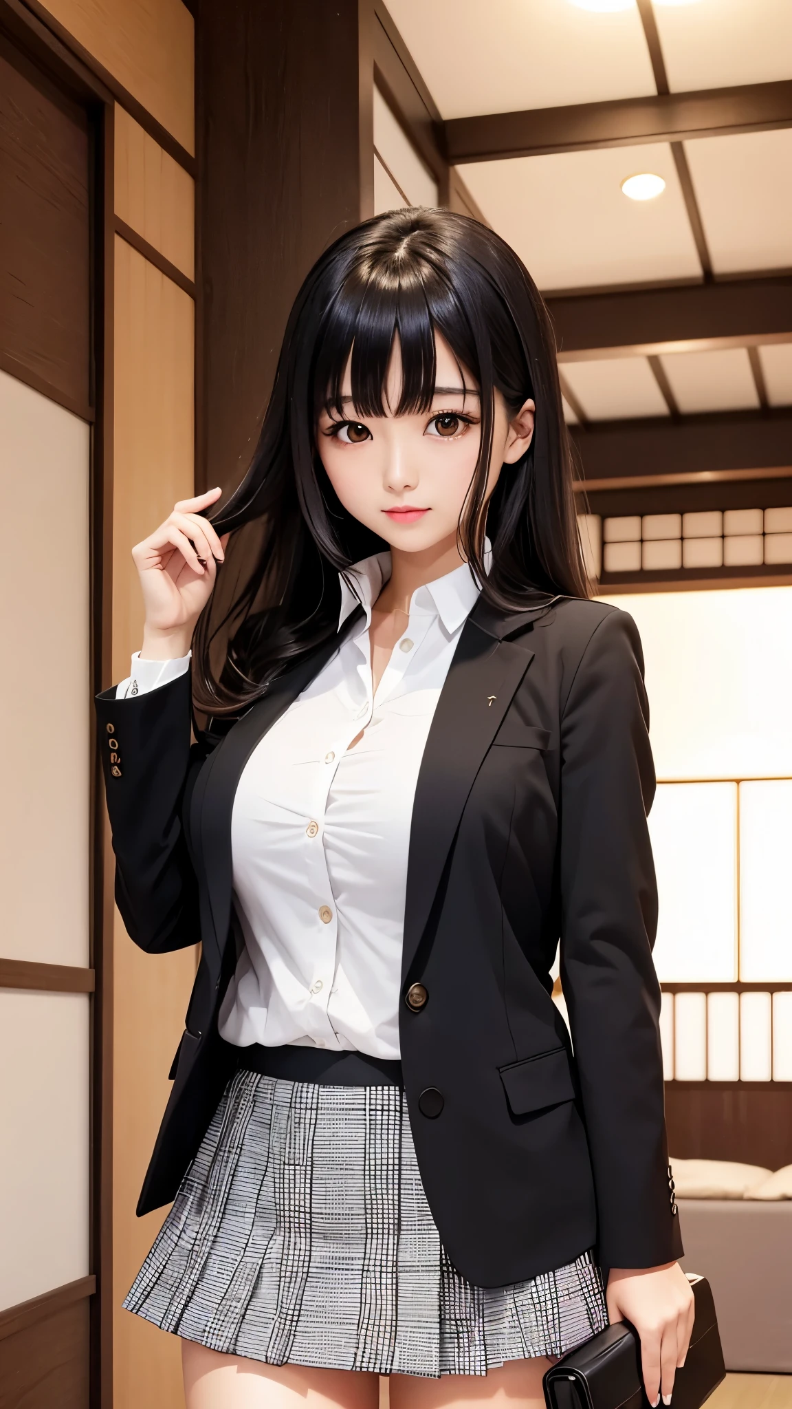 ((high quality)), ((Tabletop)), (Detailed face), (highlight), Asian woman、Big breasts、Black Hair、Heavy bangs、skirt、blazer