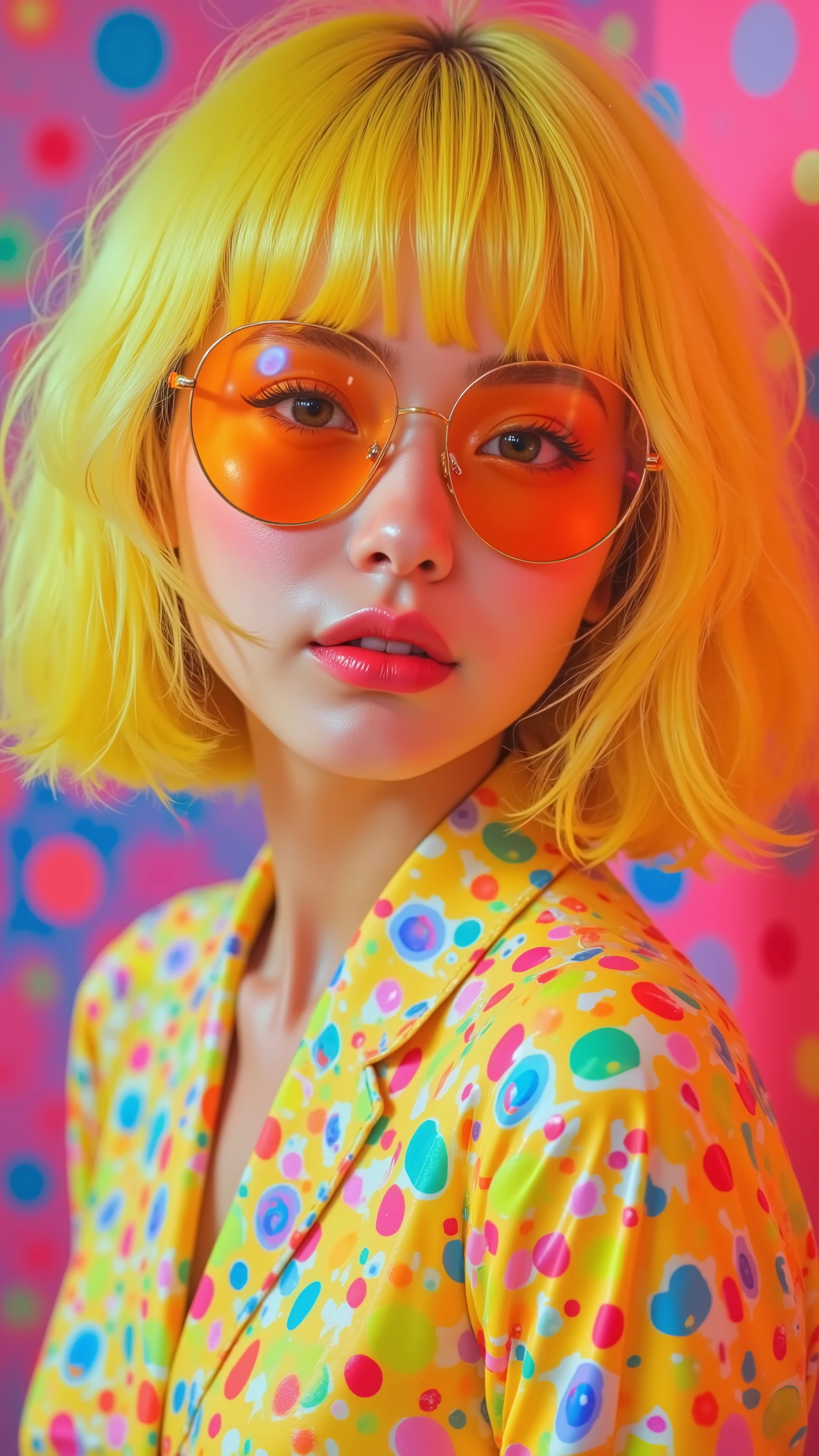 32k, Masterpiece, top quality, ( Korea's Beautiful Woman) Vibrant pop art , bright yellow bob haircut, oversized orange sunglasses, hot pink lipstick, colorful polka dot background, surreal fashion, high contrast, studio lighting, glossy textures, bold colors, retro futuristic style, hyper-detailed, ultra-sharp focus