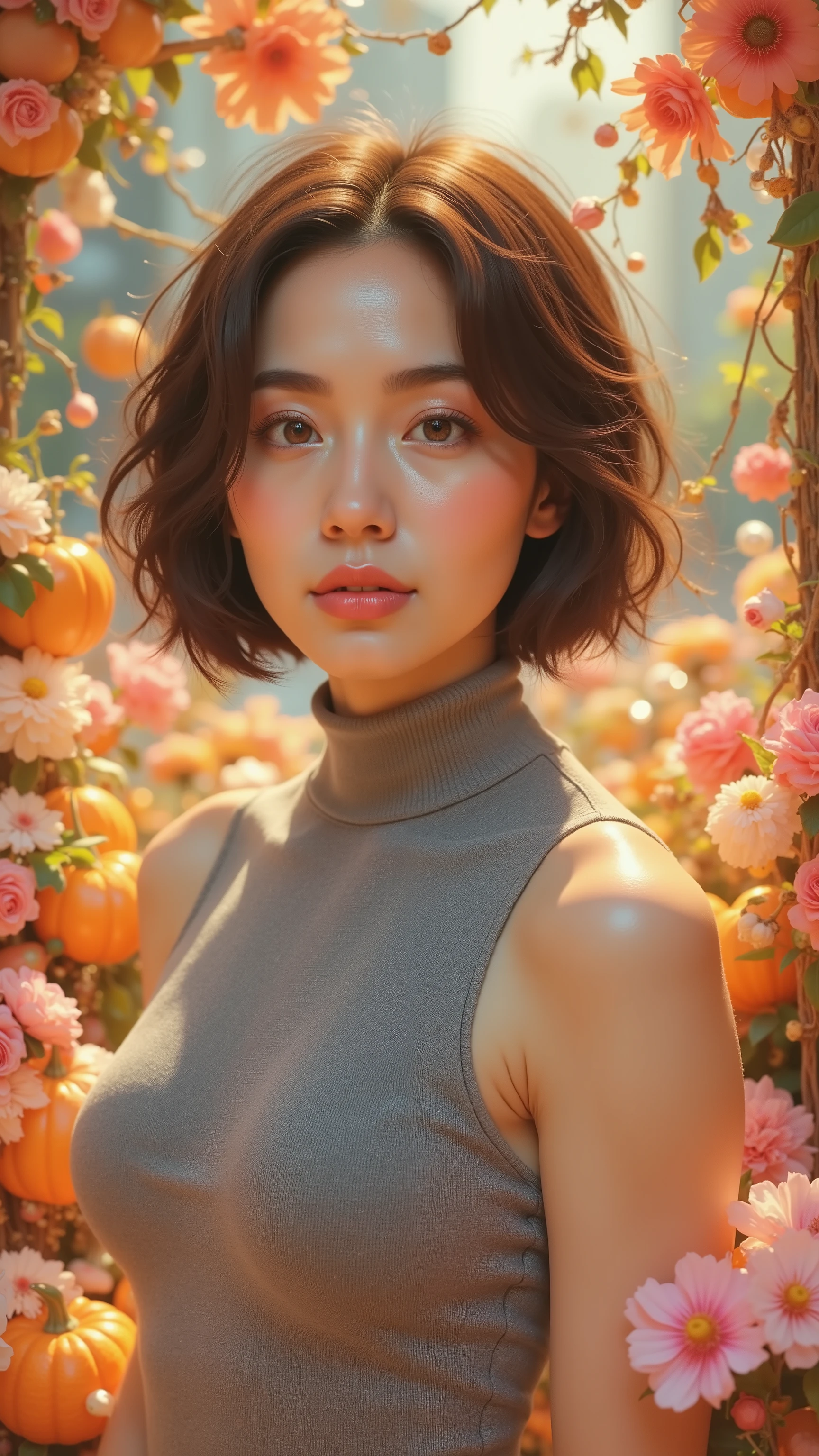 masterpiece, highest quality, Korean middle-aged woman, ((Short hair with waves, a turtleneck-style gray sleeveless dress that is close to the body, bright sunshine)), Surrealism