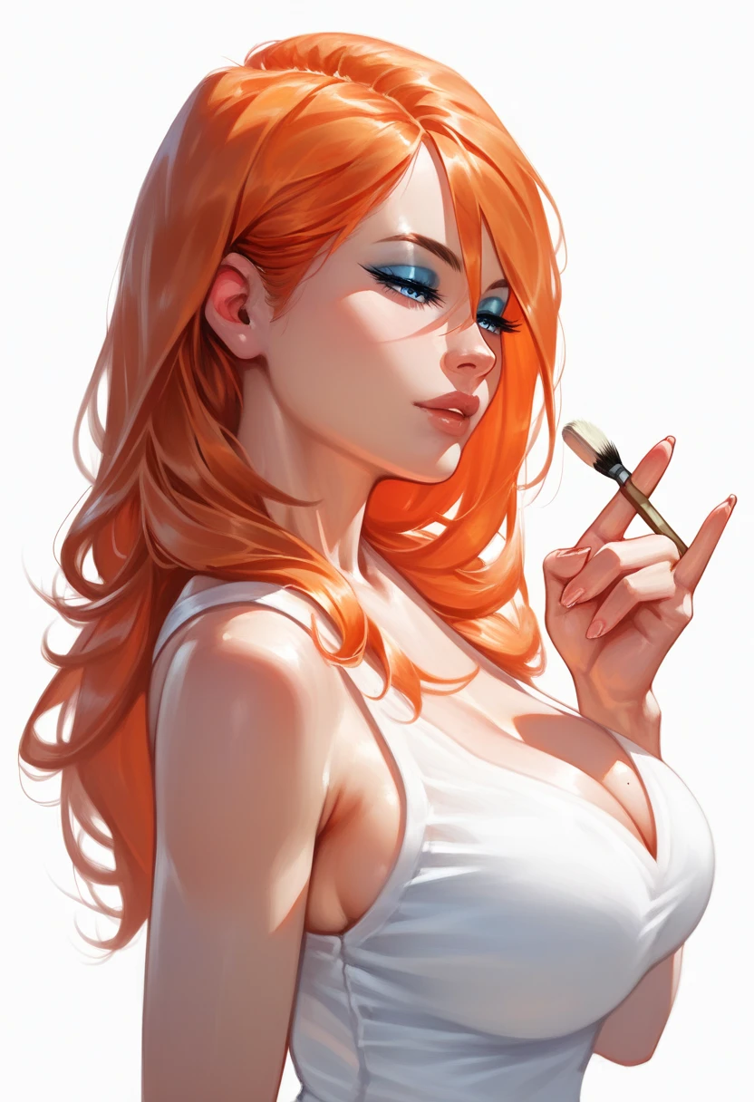 (masterpiece), (extremely intricate:1.3), (realistic), portrait of a girl, painter, holding a brush, many colors on top, white tank top, watercolor, long hair