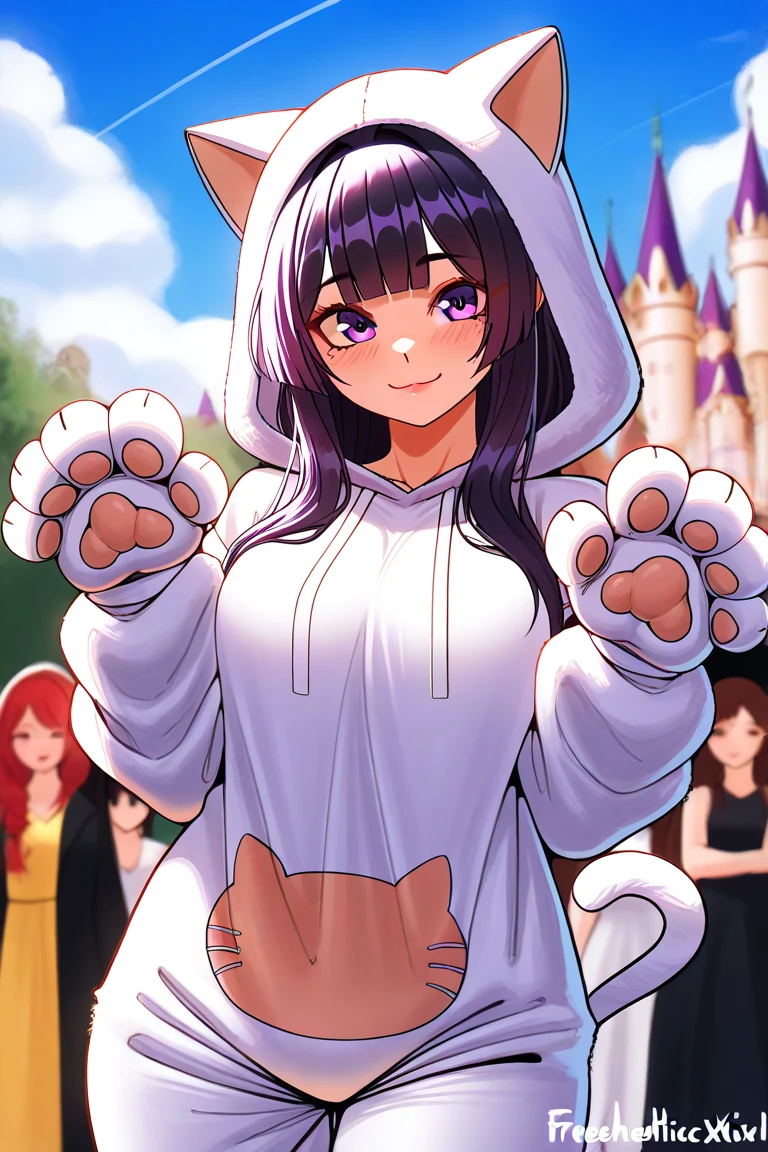 absolutely anatomically correct、Freelen wearing a cute cat costume、 looks fun、 Disneyland 
