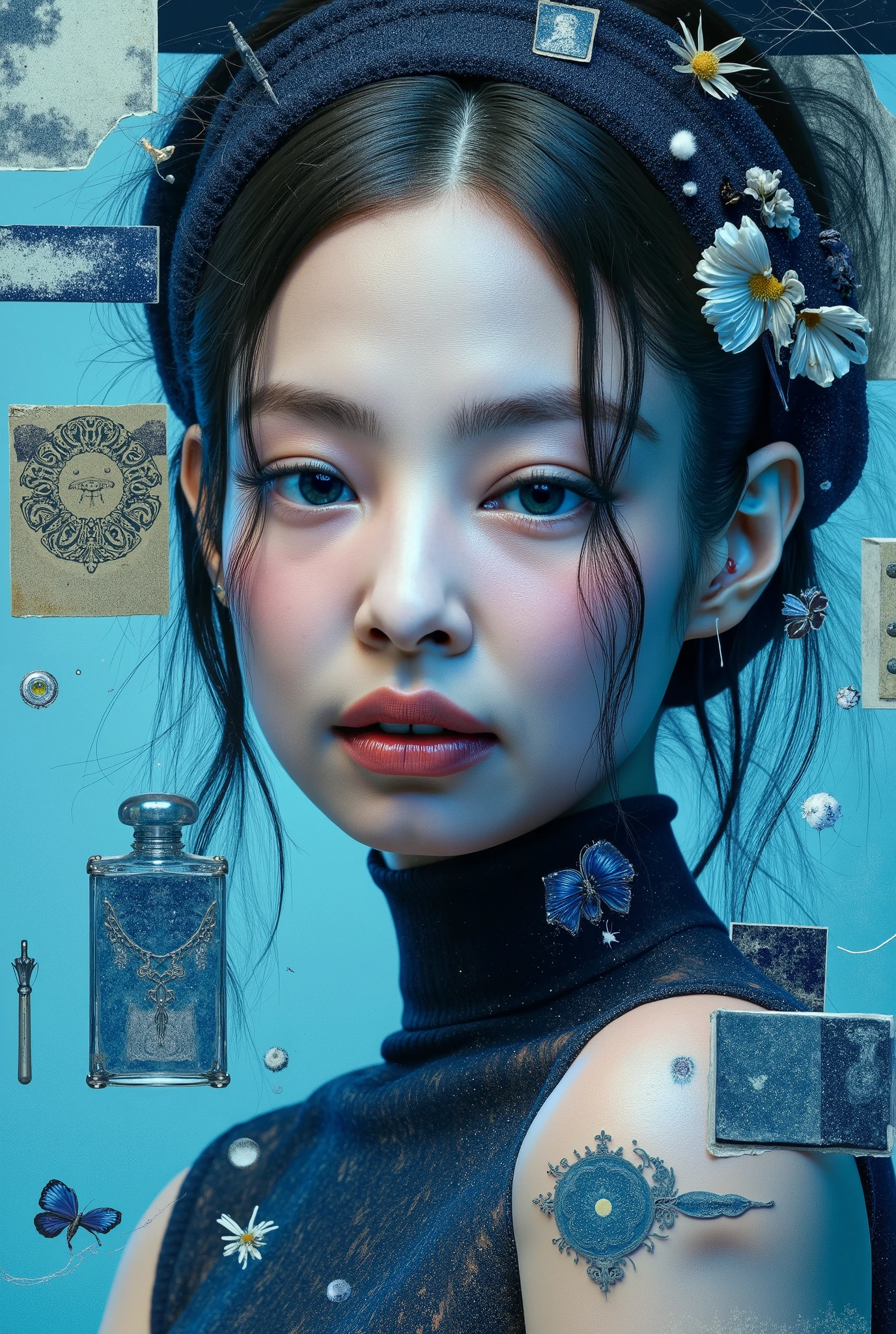 print collage of a woman's face, in the style of josef kote, grunge beauty, dain yoon, cyan and blue, highly detailed realism, multi-layered compositions, antonio mancini --ar 73:111 --stylize 750 --v 6 black & withe sadly, jennie kim