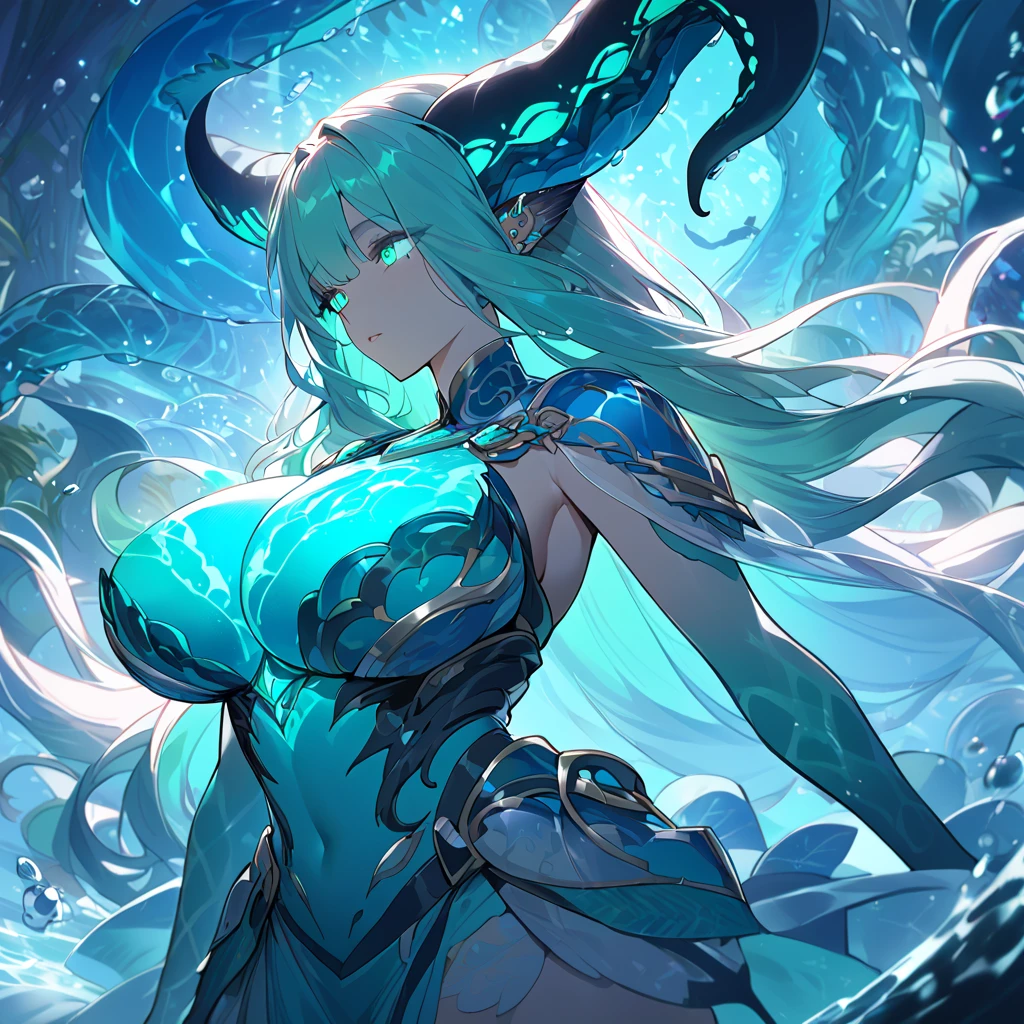female pervert，Dragon's horn，20yr old，Control the water，Water droplets in the sky，water dragon，（Long hair covers the chest：1.5），Unleash water magic！