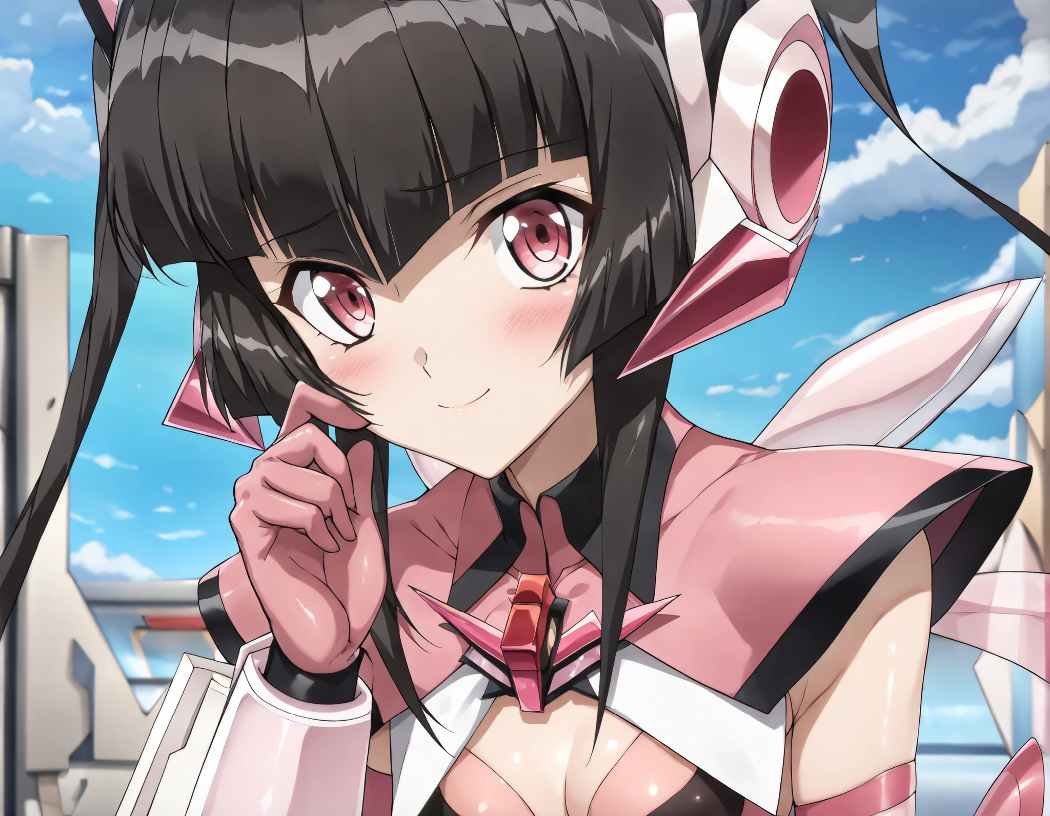 score 9,score 8 up,score 7 up,score 6 up, score 5 up,score 4 up,((expensivequality illustration)), ((masterpiece)), ((Very delicate and beautiful)),((precision illustration)),((detailed illustration)),((anime artstyle)), highres, 8k, detailed, perfect face, best quality, (ultra high quality), perfect eyes, beautiful eyes, BREAK 1girl,solo, symphogearstyle, cleavage, covered navel, pink clothes, pink gloves, pink thighhighs, pink clothes, BRAKE tsukuyomi shirabe, looking at viewer, smile, shy look, blush, upper body, face focus, close up, sky, Blurry Background