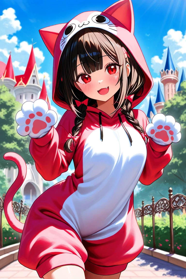 absolutely anatomically correct、 Top Masterpieces、 best quality 、8k、Freelen wearing a cute cat costume、 looks fun、 Disneyland 