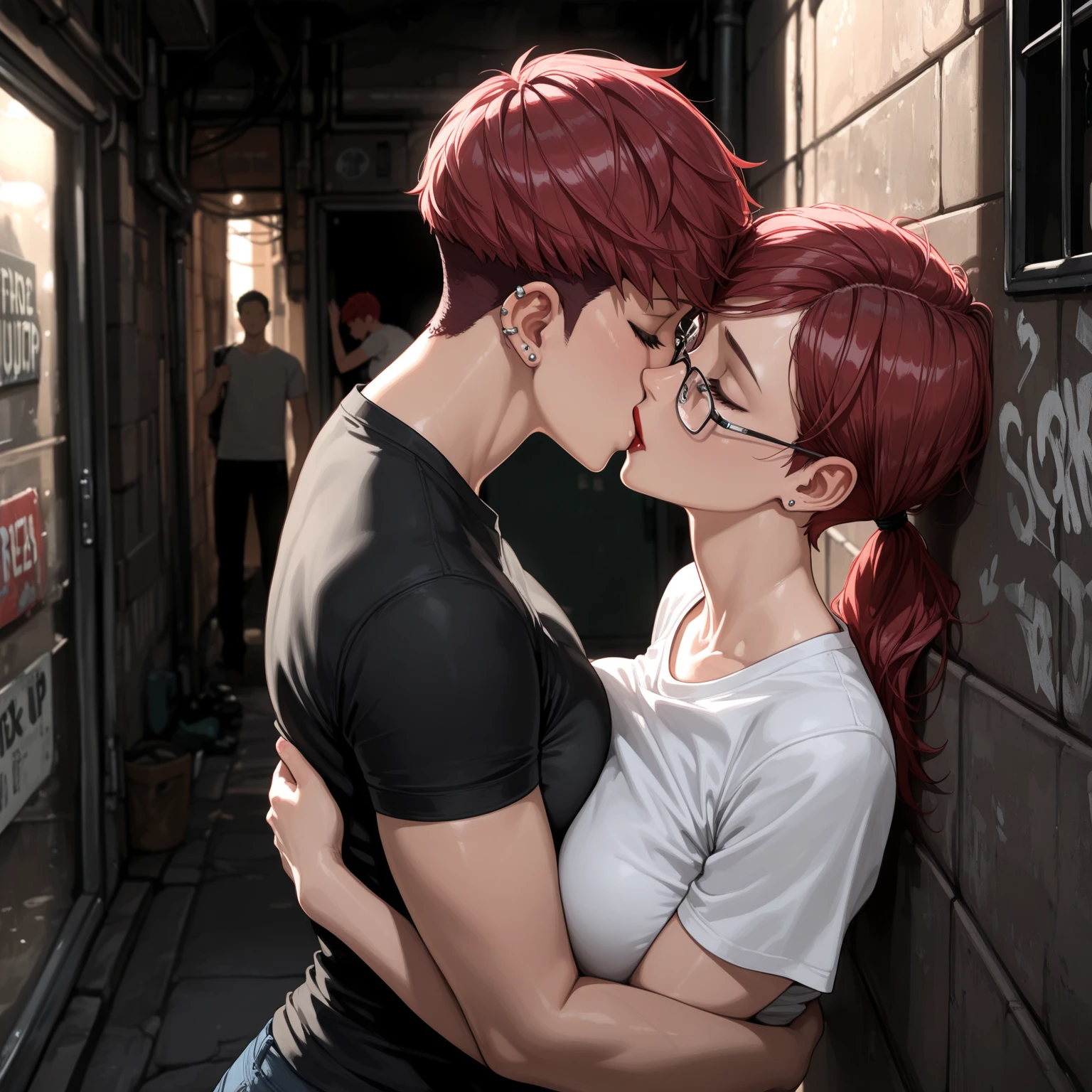 ((masterpiece)), high quality, very_high_resolution, large_filesize, full color, heavy outline, clear outline, colorful, 1girl is Ranma, 1boy is boy-friend, ((couple)), (femaleranma), (red hair), short hair, (braided ponytail), ((bangs)), bumpy bangs, curvy, femaleranma, walking, ((cowboy shot:1.4)), from behind, ass focus, (beautiful nape of neck), ((occipital head:1.4)) , ((back view)), ((night town)), walking, (Ranma and her boy-friend walk downtown.), ((Boyfriend is wearing black tank top.:1.4)), (Ranma is wearing white camisole), (Ranma is wearing hot pants), ((hold hands)),