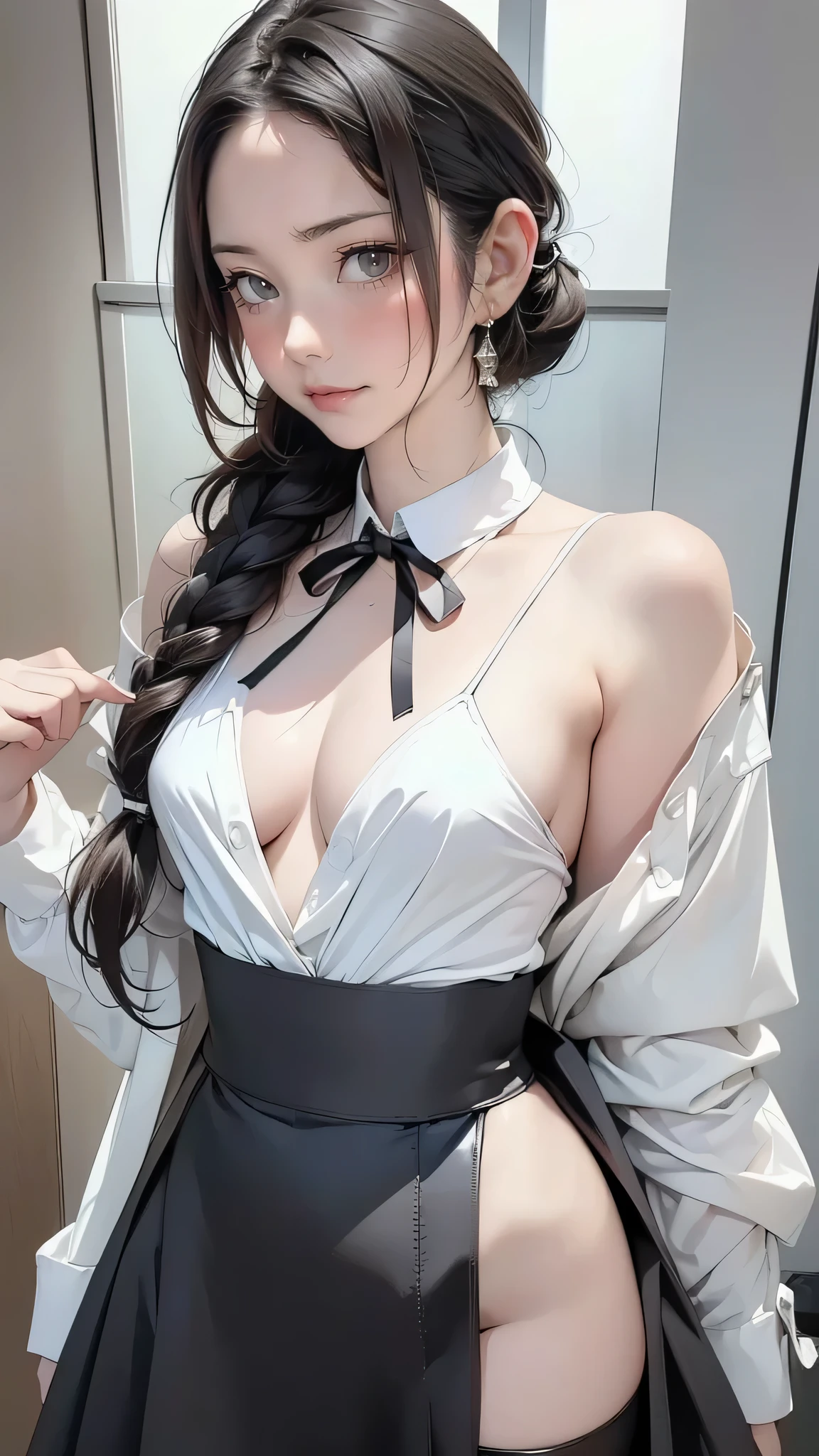8K quality、High definition、Particles of light(0.5)、High definitionの瞳、Sexy maid、slender、Ripe body、Soft Breastaid uniform that shows the chest、Red lipstick、、The hem of the skirt is twisted、Realistic female genitalia、Up ponytail