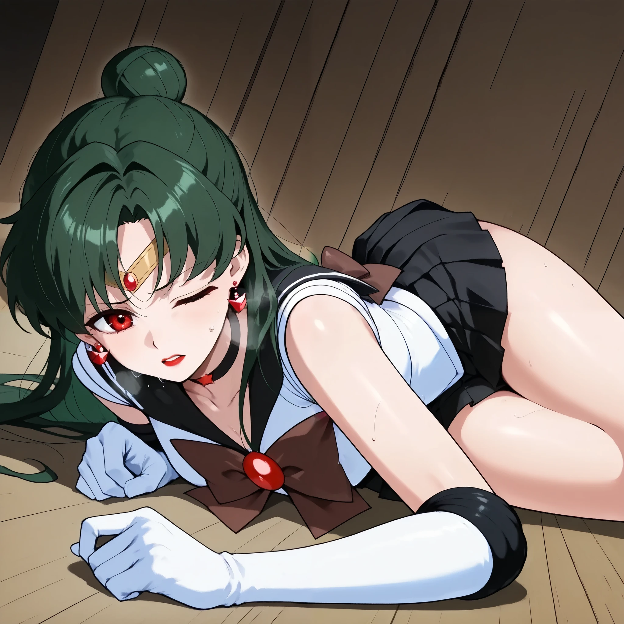 red eye、、hard 4564 、(( sleeveless))、 woman lying on the floor、defeat, adult female 、 , solo focus , close one eye、pain , spooning position , place elbows on the ground. 、 Place both hands on the ground,、 woman falling to the ground covered in mud Lost the Battle、 COMPLETE ANATOMY 、setsuna meiou, long hair, red eyes, very long hair, green hair, hair bun, single hair bun, maeup, lipstick,
skirt, gloves, bow, jewelry, pleated skirt, earrings, choker, elbow gloves, white gloves, black skirt, sailor collar, black choker, magical girl, black sailor collar, circlet, back bow, sailor senshi uniform, brown bow、painに喘ぐ 、 shortness of breath、sweat ,、 Thin Thighs、 black hair, 、 、hand、 、Stable_Yogi_ Anime Toon _ negative 、Stable_Yogi_ Anime Toon _ negative -neg