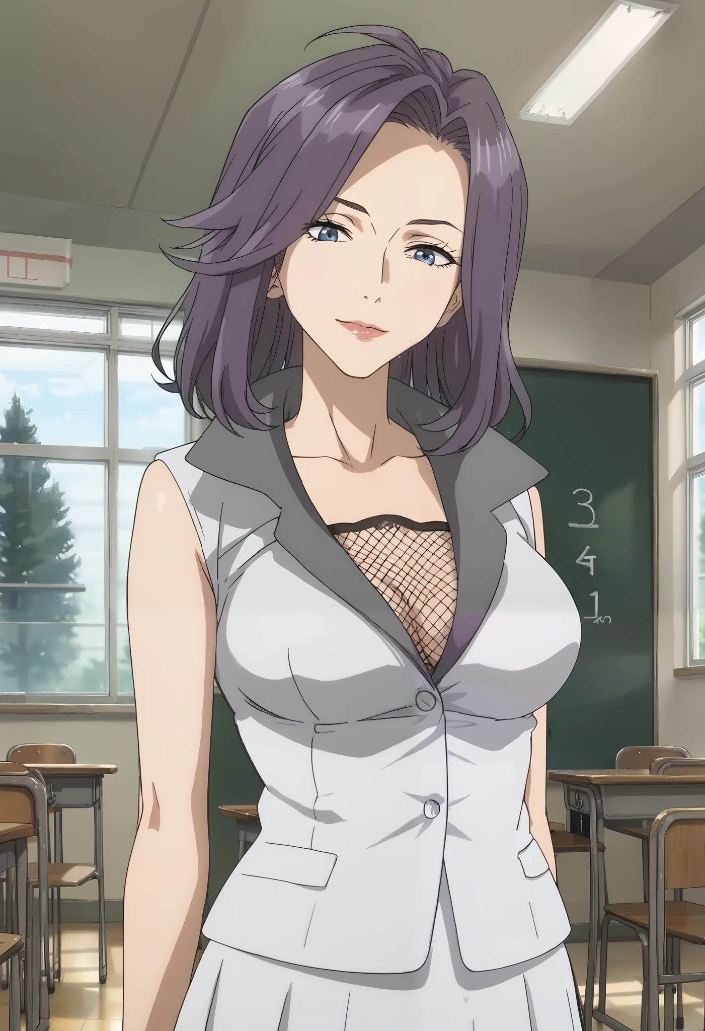 score_9, score_8_up, score_7_up, score_6_up, score_5_up, 1girl, Tamiya Ryoko, blue eyes, purple hair, medium hair, swept bangs, small iris, ((formal jacket, sleeveless, sexy fishnet tops, short skirt, fishnet wear, fishnet clothes, fishnet outfits)), fishnet stockings, fishnet thigh highs, fishnet pantyhose, masterpiece, detailed eyes, perfect hands, perfect eyes, source_anime, anime screencap, hentai, source_hentai, flat shadows, anime coloring, flat colors, zPDXL2, zPDXLxxx, half-smile, evil smile, closed mouth, (ultra huge breasts:1.15, ultra huge tits:1.15, ultra huge cleavages:1.15, ultra huge boob:1.15), standing besides lectern, in front of students, look at viewer, indoors, kyoushitsu, lectern, classroom, school chair, school desk, chalkboard, window, ceiling light, curtains, tree,