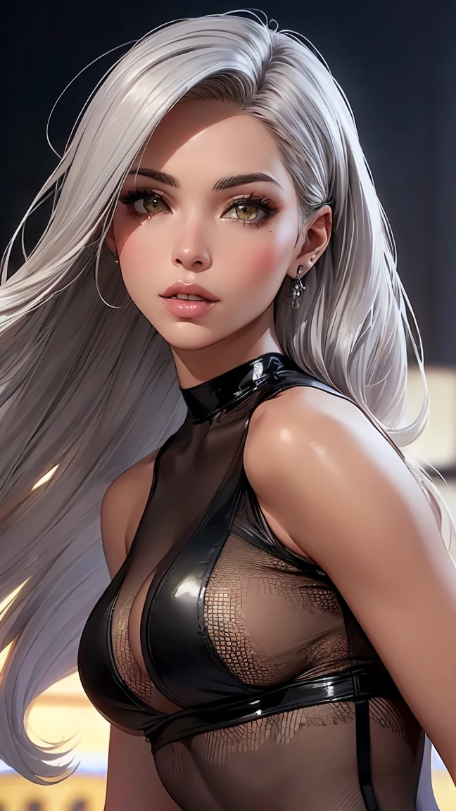 (ultra realistic,32k,RAW photo:1.1),(high detailed skin:1.1), 8k uhd, dslr, high quality, film grain, (makeup, mascara:1.1), lips,(thick\lips\),
(shiny glossy translucent clothing:1.1), <lora:LoRA_MeiMei:0.7>meidef, (purple eyes:0.5), long hair, braid, single braid, braided bangs, white hair, grey hair, hair over one eye, braided ponytail, long sleeves, breasts, dress, puffy sleeves, black dress, turtleneck dress, juliet sleeves, <lora:add_detail:0.79>,
Lying on the stomach, propped up on elbows,
(busty:1.1) , (chubby:0.1),(refraction:1.2),<lora:LowRA:0.4>, dark theme, A venue full of marble and gold detailing with reflective flooring