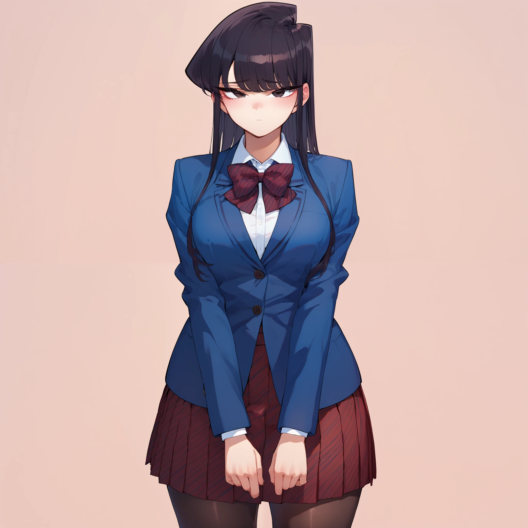 1girl, solo, komi_shouko, black eyes, black hair, long hair, big breasts, wide hips, thick thighs, skirt, shirt, long sleeves, bow, school uniform, jacket, white shirt, pantyhose, pleated skirt, striped, collared shirt, bowtie, red skirt, blazer, blue jacket, striped bow, striped bowtie, blushed, shy, standing, looking at viewer, simple background, from the front view