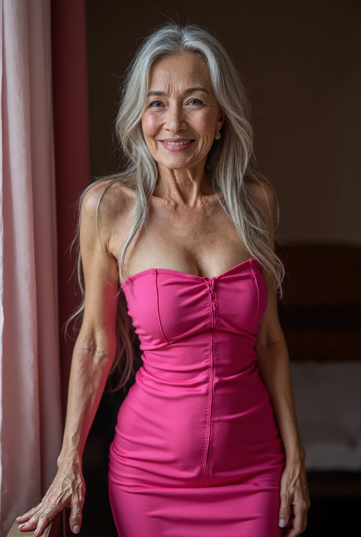 photorealistic、 full body image 、60 year old woman、Group photo of 5 beautiful 60-year-old Japanese old women who are good friends 、old charismatic hooker 、 with a thin and poor body、Long hair that reaches the damaged gray knee、 small wrinkles and freckles and moles on the skin 、Wedding Rings、Happy smile、 wearing small, obscene silk mini bodycon dresses in shocking pink 、Stiletto heels、妖しいショッキングピンクのネオンに照らされた高級老婆専門売春宿の豪華な待合室で60 year womanたちが仲良く座って記念撮影しています、 looking at the camera
